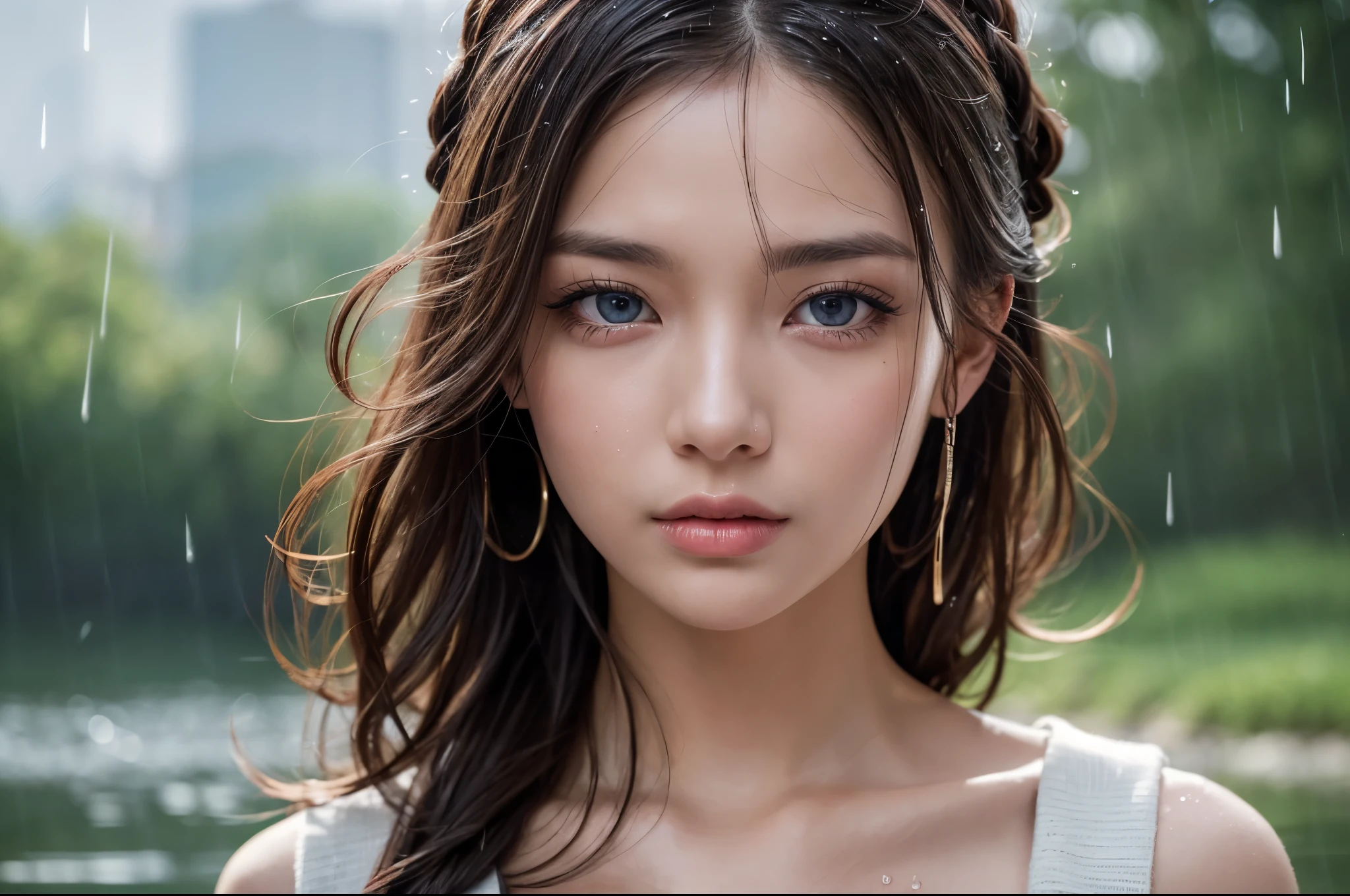 Urban beautiful girl college student, masterpiece, light makeup, Red lips, Silver Hair, Disheveled long hair, Street background, beautiful, elegant. Extremely fine detail, Master Works, Authentic texture, Realism in film lighting, Perfect job, 16k, High resolution, exquisite features,blue eyes、Japanese Idols、Beautiful face、Cute Smile、Brown Hair、beautiful hair、ponytail、glamorous、 Big Breasts、Erect nipples、Greasy muscles、Shiny skin、Sunburned skin、Glowing dark skin、Sexy knitted sweaters, Bright big eyes, Smooth Skin, Earrings, necklace, tattoo