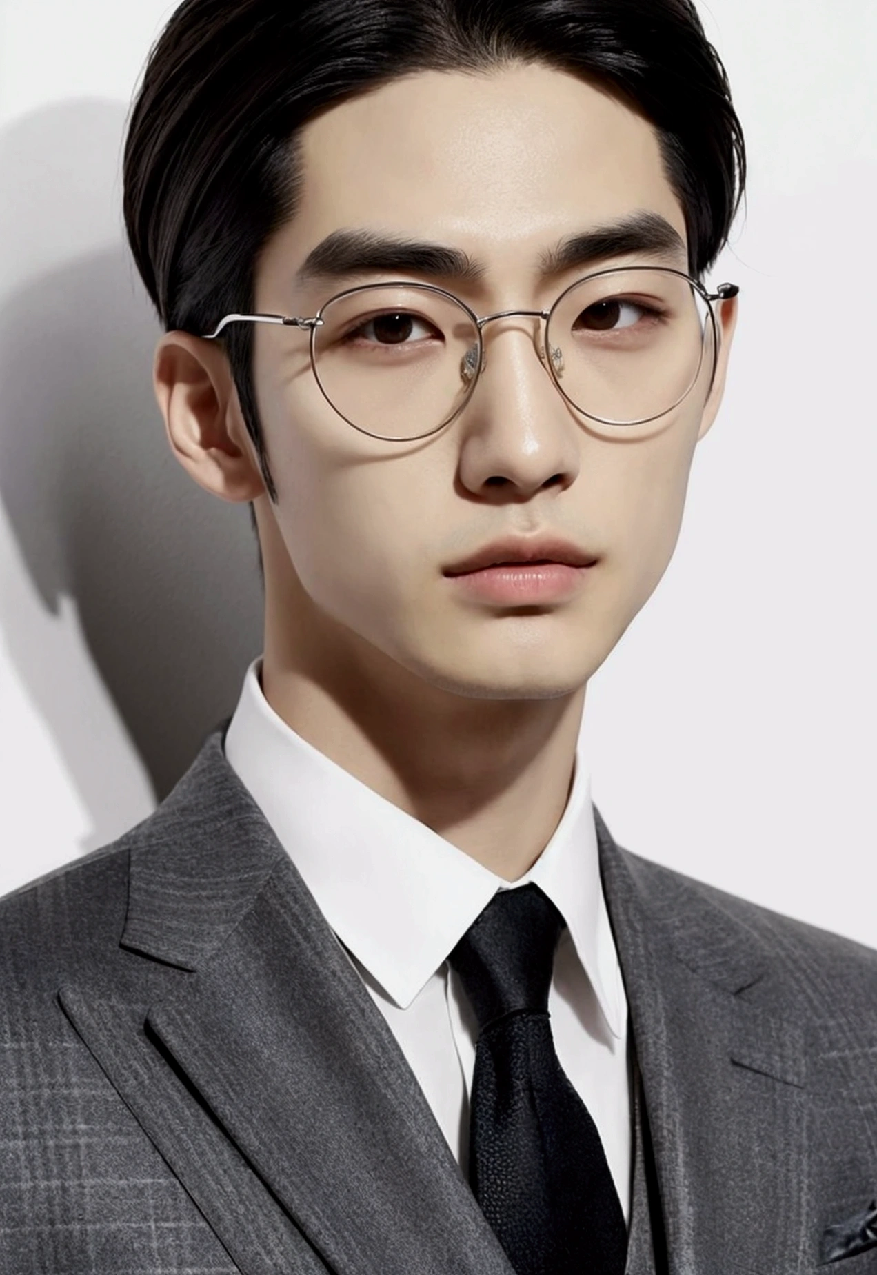 a guy with Korean features, His hair is black and straight, cut short on the sides and a little longer on top, he has almond-shaped eyes, with long eyelashes and well-defined eyebrows, His skin is naturally fair, with a warm and healthy tone, slim and athletic, He can wear a modern and elegant style,he is in front of his new house,he wears round glasses, He's wearing an elegant suit and tie Realist
