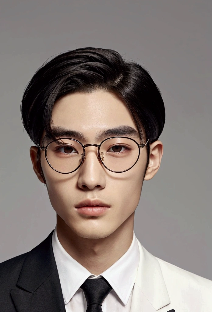 a guy with Korean features, His hair is black and straight, cut short on the sides and a little longer on top, he has almond-shaped eyes, with long eyelashes and well-defined eyebrows, His skin is naturally fair, with a warm and healthy tone, slim and athletic, He can wear a modern and elegant style,he is in front of his new house,he wears round glasses, He's wearing an elegant suit and tie Realist