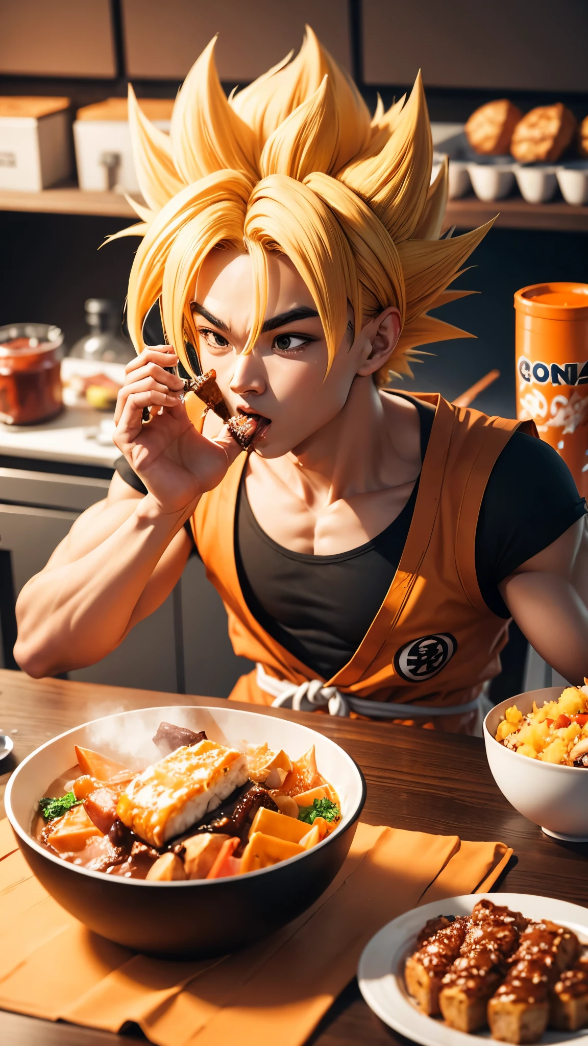 a young goku from dragon ball z, extremely detailed, beautiful detailed eyes, beautiful detailed lips, extremely detailed face and features, eating a pizza on a table, dynamic action pose, 8k, photorealistic, vibrant colors, cinematic lighting, concept art style