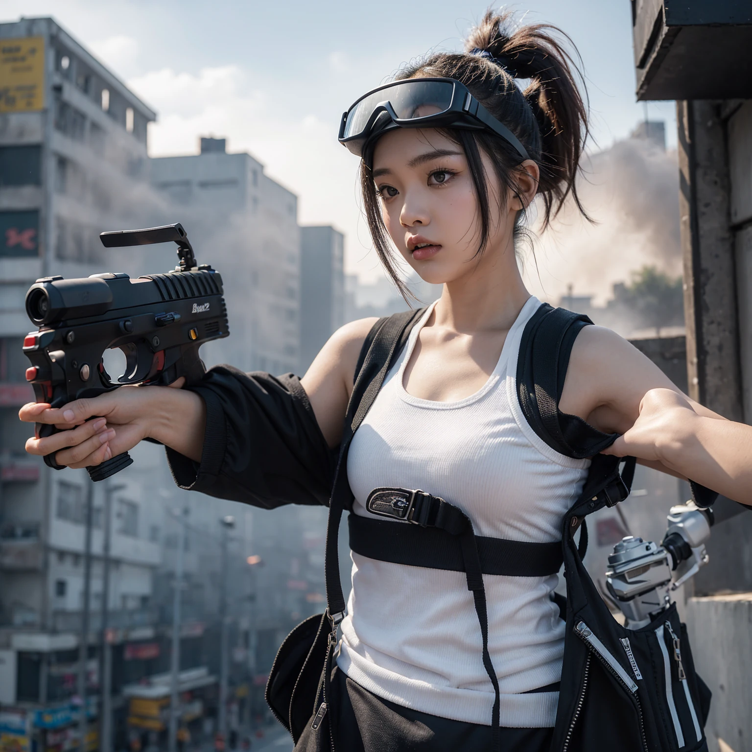 create realistic a 20yo indonesian woman slightly overweight, wears vest with white fitted tanktop and wears goggles clasic strap, wears elbow prptector, pastel gray tied up hair. practicing shooting with toy gun at street, serious expression, background apocalypse city of surabaya, fire at building, smoke at distance. UHD 16, dynamic. slightly dark sky. big tatto cover full left arm.