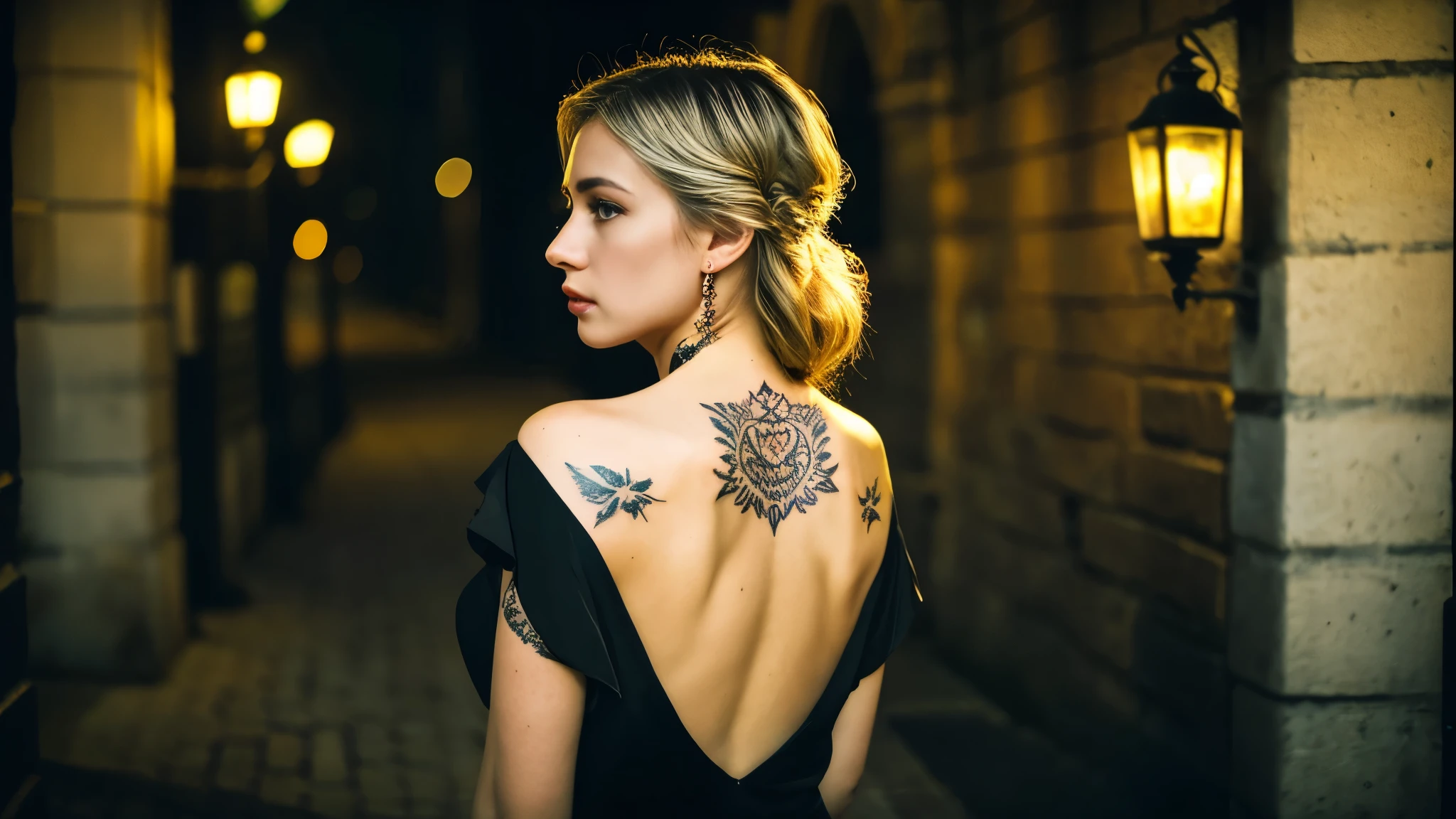 tatuados,Beautiful blonde with big breasts in a black dress、(Back tattoo、Many tattoos on both arms and neck)、 (Late night back alley、walk),Candlelight only,Very detailed, 21 years old, Innocent face, Wavy Hair, blue eyes, High resolution, masterpiece, Highest quality, Intricate details, Very detailed, Clear focus, Delicate skin, practical skin texture, texture, Delicate eyes, Professional, 4K, Sad face,despair、 Shot with Canon, 85mm, Shallow and deep, Kodak Vision Color, Exactly, Very detailed, photograph_\(Extremist\), photographpractical, practical, Post-processing, Maximum details, Roughness, Real Life, Extremist practical, Photorealism, photographgraphy, 8K Ultra HD, photographgraphy