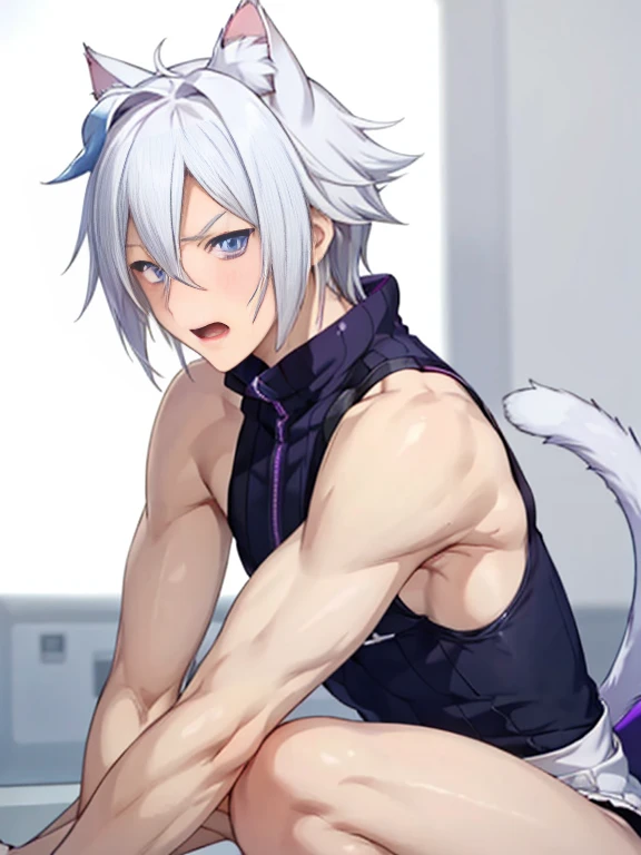 1 young person,alone,18-year-old,male,Shocked facial expression,blush,good looking,White hair Blue eyes,Purple eyes, Cat ear　Side view　Kneeled　Open your mouth and scream　suffer　Sleeveless, wistful expression　Exposure to electricity　Gets done　Thick tail　Upper body naked　Raised to be sexy　Arms up Black pants　Chained, rear view　I can see your back