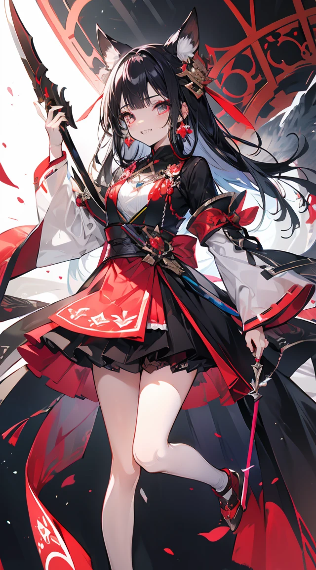 Miko costume、[(Detailed Background:1.4)::5],original,(figure:1.1),(Highest quality),(Tabletop:1.1),(Highly detailed CG Unity 8k wallpaper:1.1), (colorful:0.9),(Mid Shot:0.95),(very detailed beautiful whole body),Ear covering accessories、With an evil sword、Standing in the Wilderness, (girl),(((Adult))), (Beautiful eyes in every detail:1.15), (Beautiful Face:1.15), (Glowing red eyes:1.25////),(Black Hair),Pale skin，Pink Eyes，Red Bow，Amaryllis，((Wicked Smile))，crystal earrings in the ears，raven feather skirt,whole body,Miko costumeニーソを履いて,((Long black hair)),Long black hair,Atomic bomb, Or a nuclear bomb, It is an explosive weapon with great destructive power., A large amount of energy is released、. The bomb works through the nuclear process of atomic fission.。, A large amount of energy can be released from a small amount of matter.. Aegis Ore Shield Black Opal Aberration Flail Weapon resting, A creation of nightmares ready for action. This mangrove weapon is a grotesque monster., Has twisting tentacles that form an extension of the weapon. Each tentacle ends in an eyelid bearing sharp teeth and fangs.。, jutting out like a deadly blade. The body of the weapon、It is adorned with stitched-together human arms and a mad eye filled with slithering, snake-like tentacles.。. Even though I&#39;m in chains, The anomalous grenade weapon has a look of insanity and extreme madness., As if they were a living extension of the chaos that inhabited the dungeon.. Your eyes shine with a disturbing intensity. The surroundings are ominous, Damp stone walls and oppressive silence. Anomalous Mangual Weapons are Cursed Relics, Defying all notions of sanity、A weapon capable of causing destruction at any time.