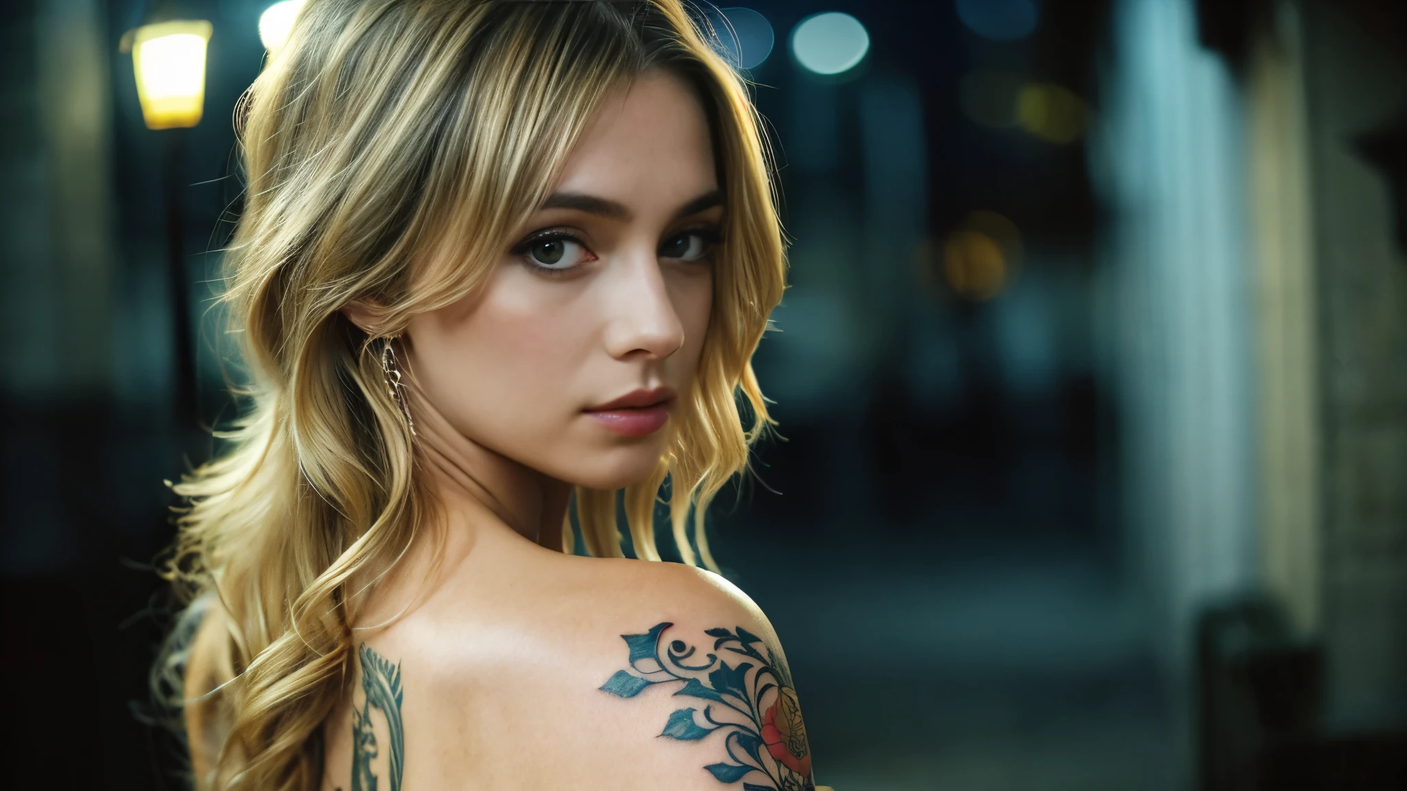 tatuados,Girly and beautiful blonde with big breasts、(Back tattoo、Many tattoos on both arms and neck)、 (Midnight Prison、walk),Candlelight only,Very detailed, 21 years old, Innocent face, Wavy Hair, blue eyes, High resolution, masterpiece, Highest quality, Intricate details, Very detailed, Clear focus, Delicate skin, practical skin texture, texture, Delicate eyes, Professional, 4K, Sad face,despair、 Shot with Canon, 85mm, Shallow and deep, Kodak Vision Color, Exactly, Very detailed, photograph_\(Extremist\), photographpractical, practical, Post-processing, Maximum details, Roughness, Real Life, Extremist practical, Photorealism, photographgraphy, 8K Ultra HD, photographgraphy