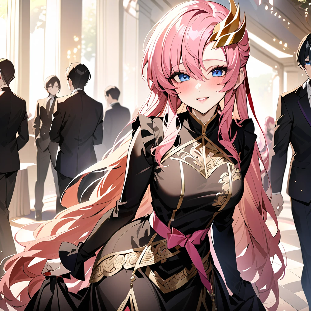 ((Highest quality)), ((masterpiece)), (detailed), （Perfect Face）、The woman is Lacus Clyne, with blue eyes, medium-long pink hair, a hair accessory, and an engagement ring. She is the beloved wife of Orpheus Ram Tao and the queen of the Foundation.、The woman is an evil queen wearing a black vintage dress with gorgeous gold embroidery and trim and lavish accessories.