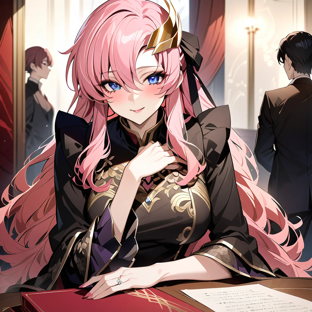 ((Highest quality)), ((masterpiece)), (detailed), （Perfect Face）、The woman is Lacus Clyne, with blue eyes, medium-long pink hair, a hair accessory, and an engagement ring. She is the beloved wife of Orpheus Ram Tao and the queen of the Foundation.、The woman is an evil queen wearing a black vintage dress with gorgeous gold embroidery and trim and lavish accessories.