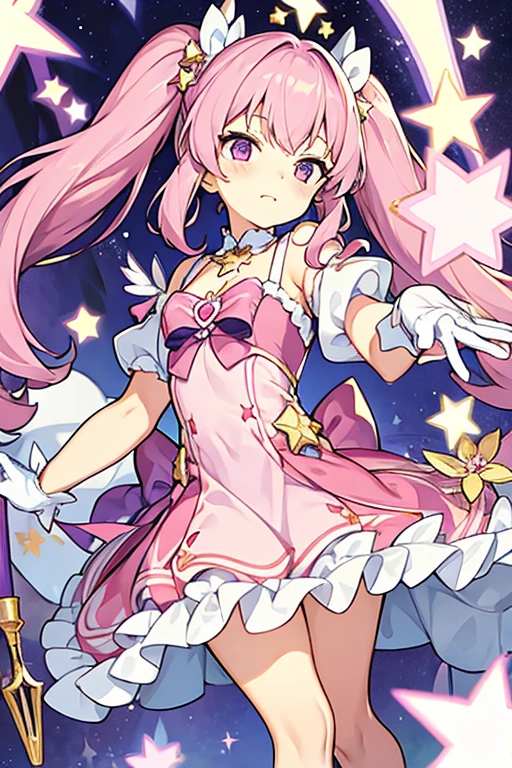 women, hair in two lilac pigtails with stars, pink and white dress with stars, Magic wand, white gloves 
