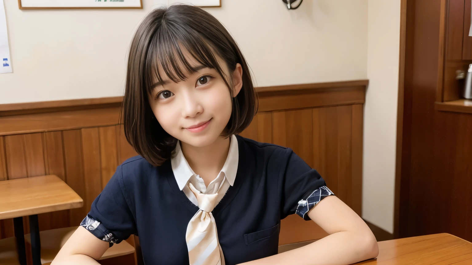 Highest quality、shape、 Very detailed、finely、 High resolution、8k wallpaper、完璧なダイナミックな構shape、Beautiful 17 year old girl、A neat and mature high school girl、Beautiful face in every detail、Beautiful eyes in every detail、Rough skin、A faint smile、Small breasts、inside a stylish cafe、((Schoolgirl uniform、short hair:1.4))、((Looking at the audience、smile))、((White open shirt、Loose tie:1.3))、Photo taken at a cafe