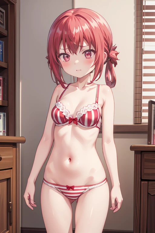 (Highest quality、Masterpiece ∶1.2)One Girl、alone、Satanya、Bedroom、In underwear、Red and white striped panties、Red Bra、Big Breasts、whole body、cute、Standing posture