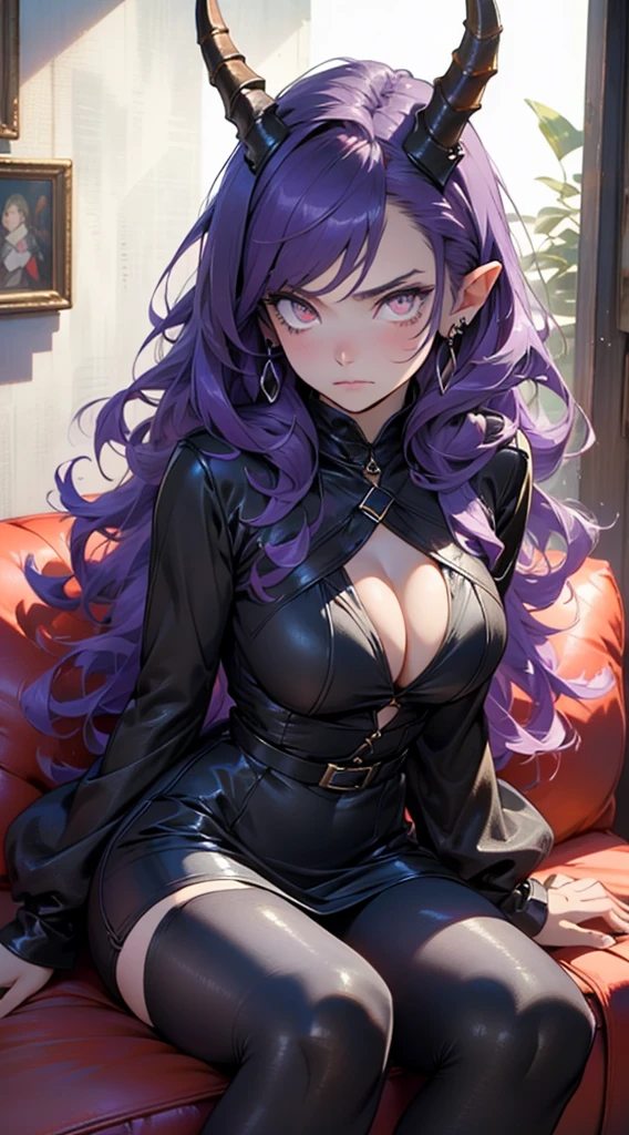 Masterpiece, beautiful art, professional artist, 8k, very detailed face, very detailed hair, very detailed clothes, 1 girl, solo, ((long straight purple hair)), (red_eyes), beautiful_face, long_eyelashes, natural_eyebrows, black latex dress, sitting_on_couch, looking_at_viewer, diamond_earrings, body stocking, large breasts, cleavage, open clothes, pointy ears, horns, pale_skin, frowning, succubus tail,skin-covered horns