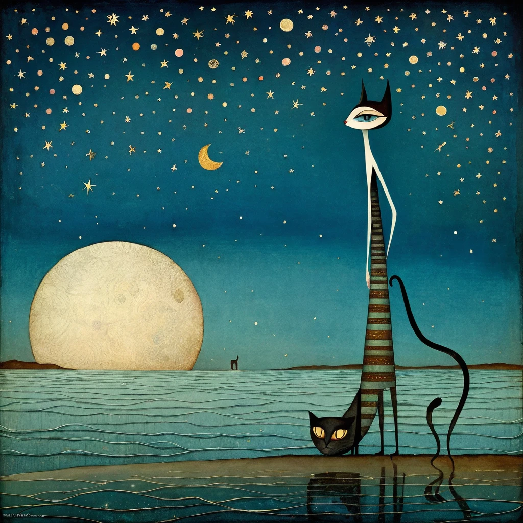 Artistic style by catrin Welz-stein, Lisa Gilbert.. Naive Art. Stylized figures. very tall, slender, very long-necked cat with colorful stripes in geometric pattern, oval head and large slit eyes and whiskers, very long slender paws. Small woman in blue dress looks down on him. round background on long sea. Night starry sky and moon. cool and warm, muted colors. Detailed drawing, skillful use of chiaroscuro to render the character's three-dimensionality.