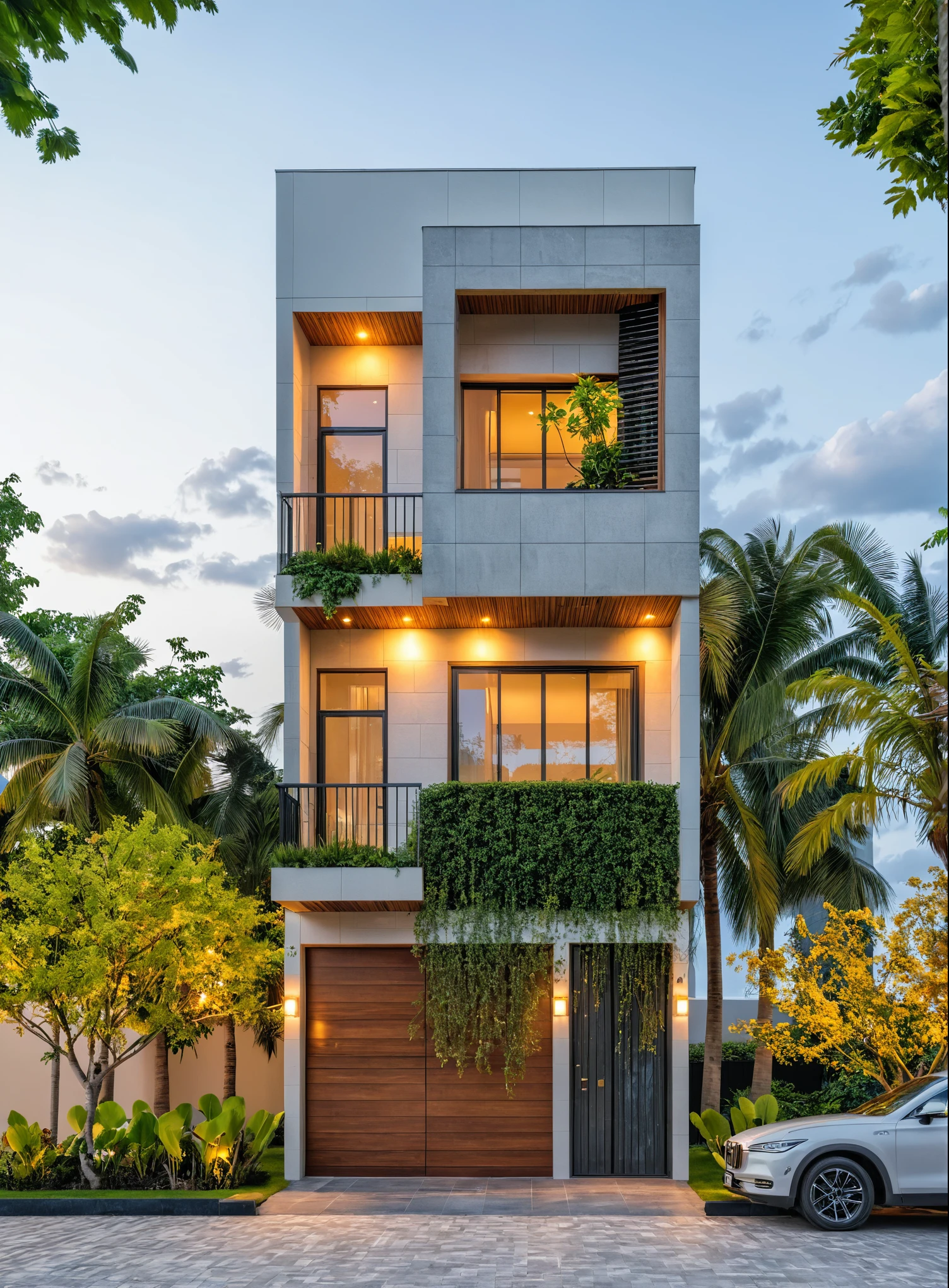 Masterpiece, high-end, best quality, authentic, super detailed, outdoor, aiaigroup, modern 2-storey townhouse, stairs, white walls combined with wood, wind encaustic tiles, iron mix wood gate, conwood ceiling, flowers , path, summer evening, trees, sky, clouds, (daylight: 1.1)