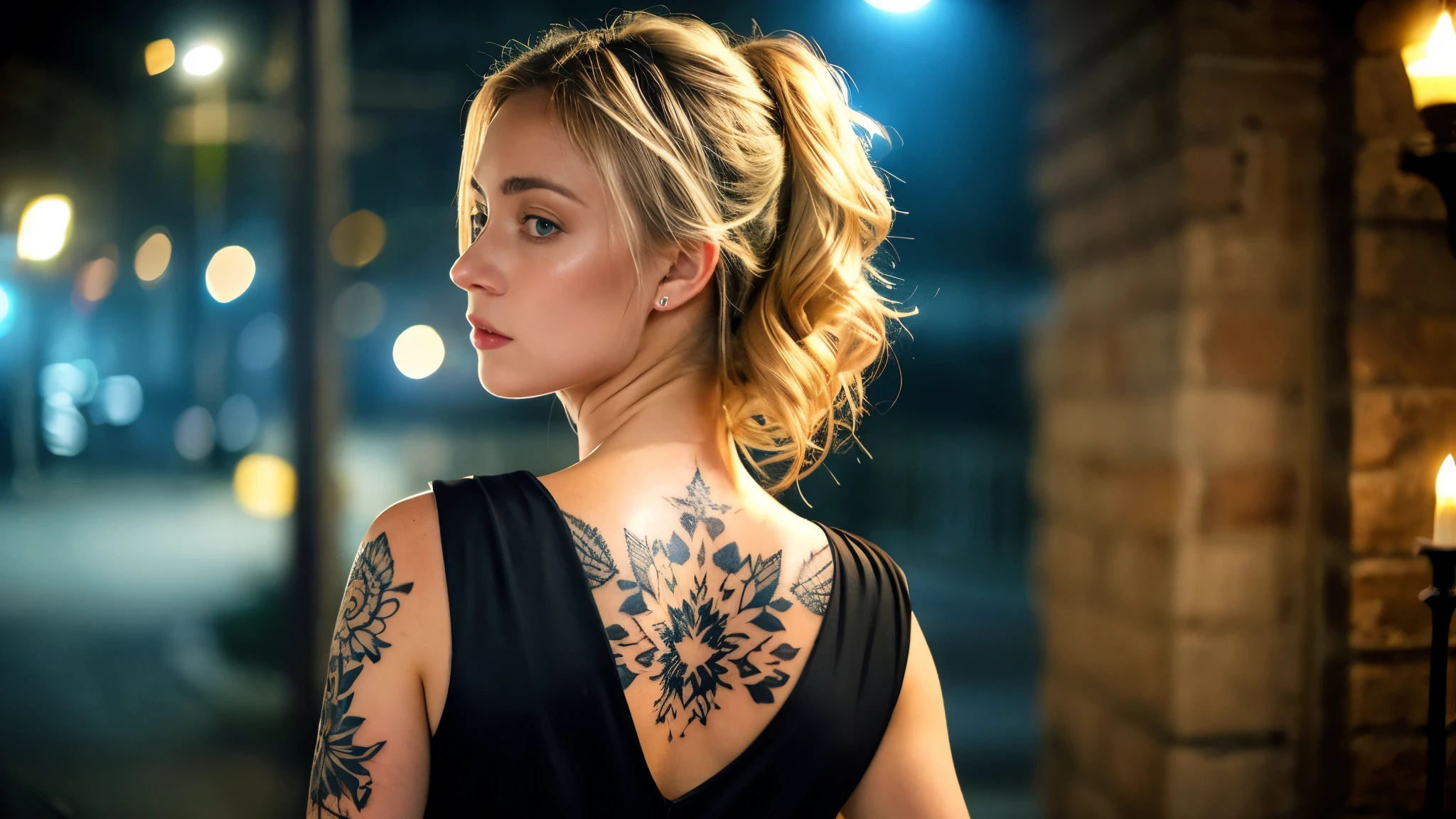 tatuados,Beautiful blonde with big breasts in a black dress、(Back tattoo、Many tattoos on both arms and neck)、 (Late night back alley、walk),Candlelight only,Very detailed, 21 years old, Innocent face, Wavy Hair, blue eyes, High resolution, masterpiece, Highest quality, Intricate details, Very detailed, Clear focus, Delicate skin, practical skin texture, texture, Delicate eyes, Professional, 4K, Sad face,despair、 Shot with Canon, 85mm, Shallow and deep,  Kodak Vision Color, Exactly, Very detailed, photograph_\(Extremist\), photographpractical, practical, Post-processing, Maximum details, Roughness, Real Life, Extremist practical, Photorealism, photographgraphy, 8K Ultra HD, photographgraphy