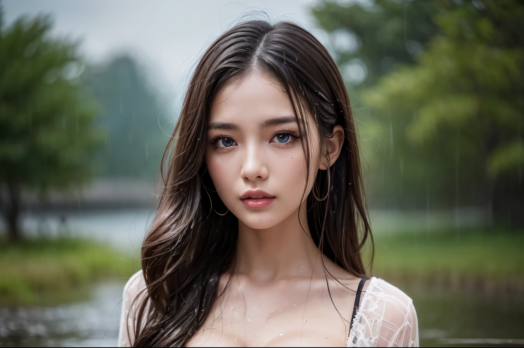 (Best quality, 8k, Masterpiece :1.3), pretty lady, 1 girl, lake, forest, dark brown long hair, wavy hair, detailed blue eyes, (rainy wet, wet from rain, wet body :1.2), white crop tops, ultra-detailed face, detailed lips, Super detailed eyes, double eyelid, long upper eyelashes, soft textured skin, 8k, super detail, UHD, retina, highres, award winning, 