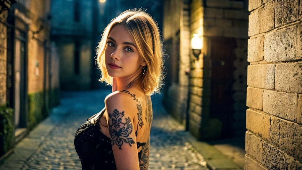 tatuados,Beautiful blonde with big breasts in a black dress、(Back tattoo、Many tattoos on both arms and neck)、 (Late night back alley、walk),Candlelight only,Very detailed, 21 years old, Innocent face, Wavy Hair, blue eyes, High resolution, masterpiece, Highest quality, Intricate details, Very detailed, Clear focus, Delicate skin, practical skin texture, texture, Delicate eyes, Professional, 4K, Sad face,despair、 Shot with Canon, 85mm, Shallow and deep,  Kodak Vision Color, Exactly, Very detailed, photograph_\(Extremist\), photographpractical, practical, Post-processing, Maximum details, Roughness, Real Life, Extremist practical, Photorealism, photographgraphy, 8K Ultra HD, photographgraphy