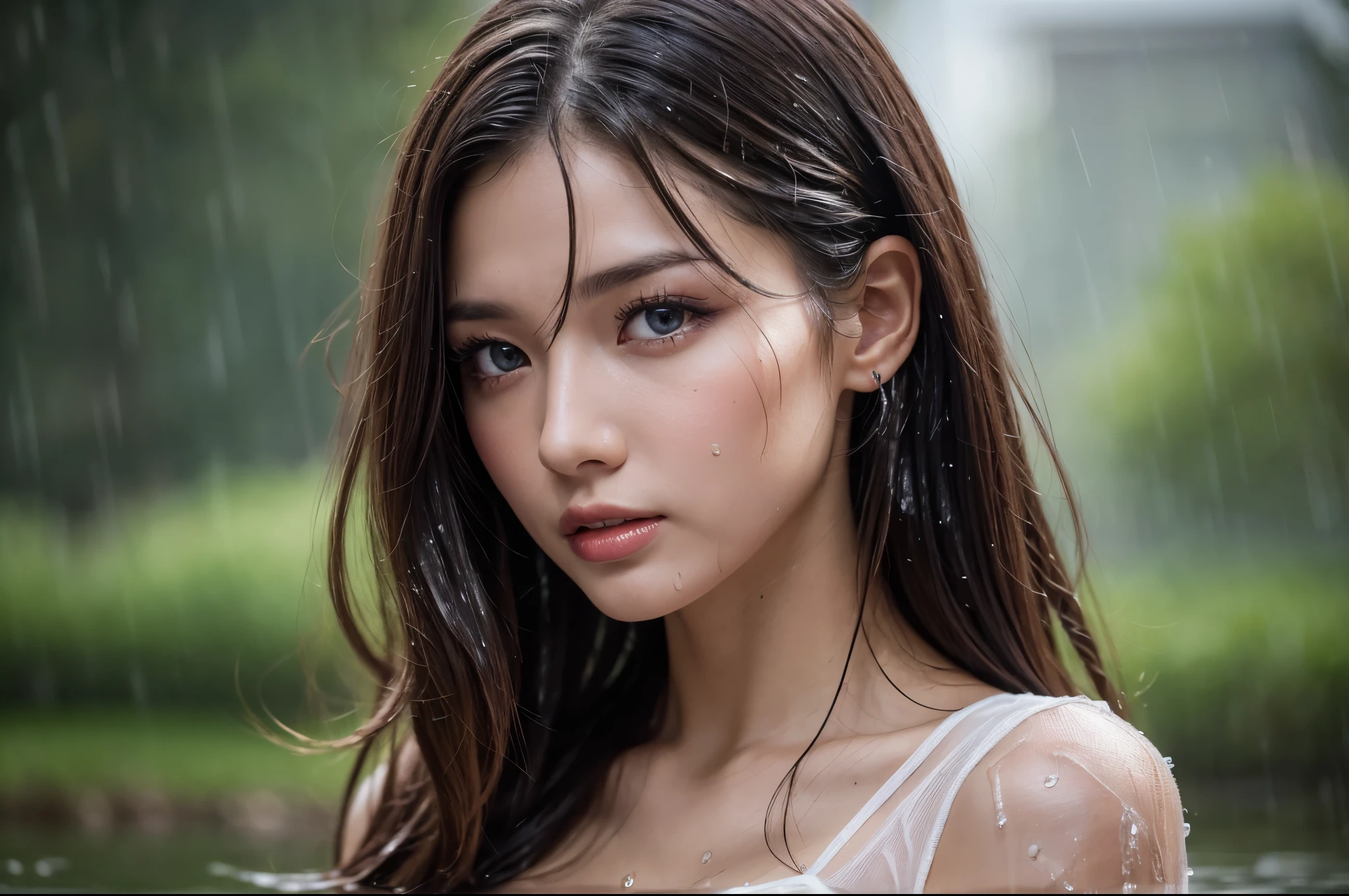 (Best quality, 8k, Masterpiece :1.3), pretty lady, 1 girl, lake, forest, dark brown hair, wavy hair, detailed blue eyes, (rainy wet, wet from rain, wet body :1.2), white crop tops, ultra-detailed face, detailed lips, Super detailed eyes, double eyelid, long upper eyelashes, soft textured skin, 8k, super detail, UHD, retina, highres, award winning,