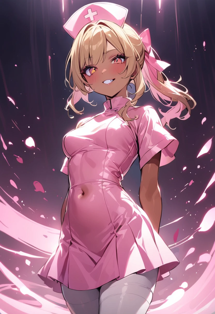 BREAK (masterpiece), (high resolution 8K), detailed eyes and face, detailed body, cinematic lighting, 
BREAK 1 girl, japanese girl, longhair, blonde hair, pony tail, fancy hair ribbon, wave hair,
BREAK blonde eyes, (mascara:1.1), tan skin, dark skin, double teeth, fang, (piercing:1.2),  medium breasts, 
BREAK seductive smile, grin, blush, 
BREAK  (light-pink theme:1.4), (light-pink nurse cap on head:1.4), (elegant and glossy pink satin fabric luster:1.3), ((fit and flare, A-line):1.3), (fusion of very short sleeve light-pink satin one-piece dress and A-line ultra miniskirt:1.4), ((high neck, side open stand collar):1.3), ((closed-fitting, emphasizes body line):1.3), ((white overknee socks, white thigh-high tights):1.3), (pumps:1.2),