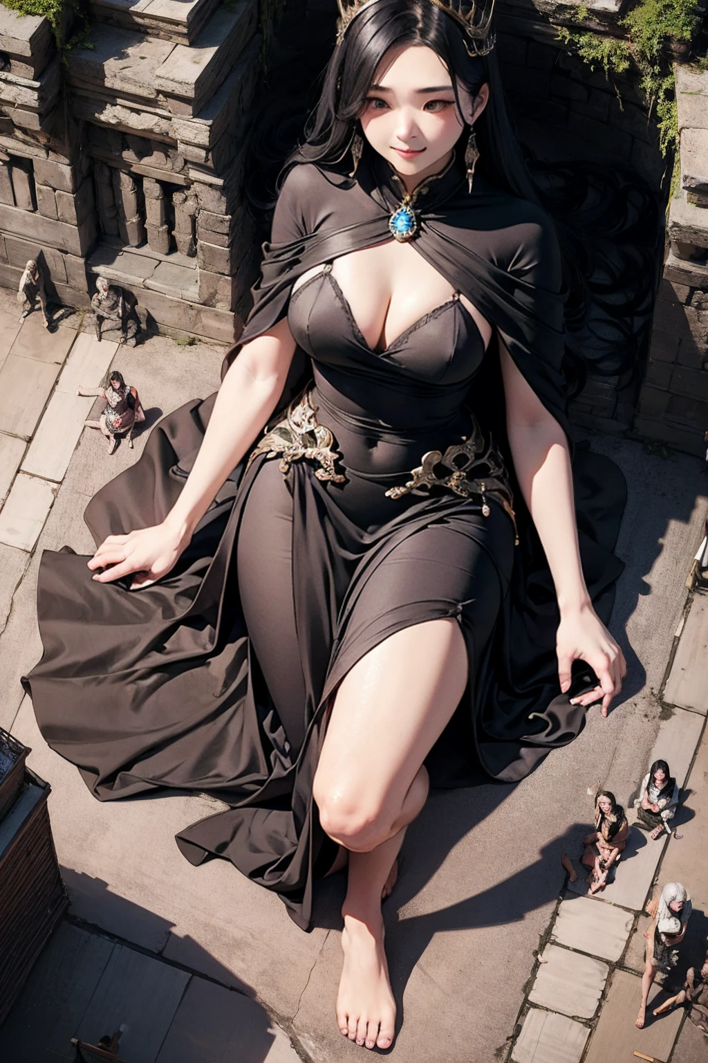 超巨大美女のLow - Angle、Queen、Huge body、Giantess、hellのQueen、smile、Villainess、Bad guy、Sit in the King's Chair、Large Breasts、Black long dress、Long black hair、Red eyes、smile、There are lots of skeletons lying on the ground、Rocky cave、lava、hell、Bottom of the Abyss、Low - Angle、Crowd looking up at woman from ground