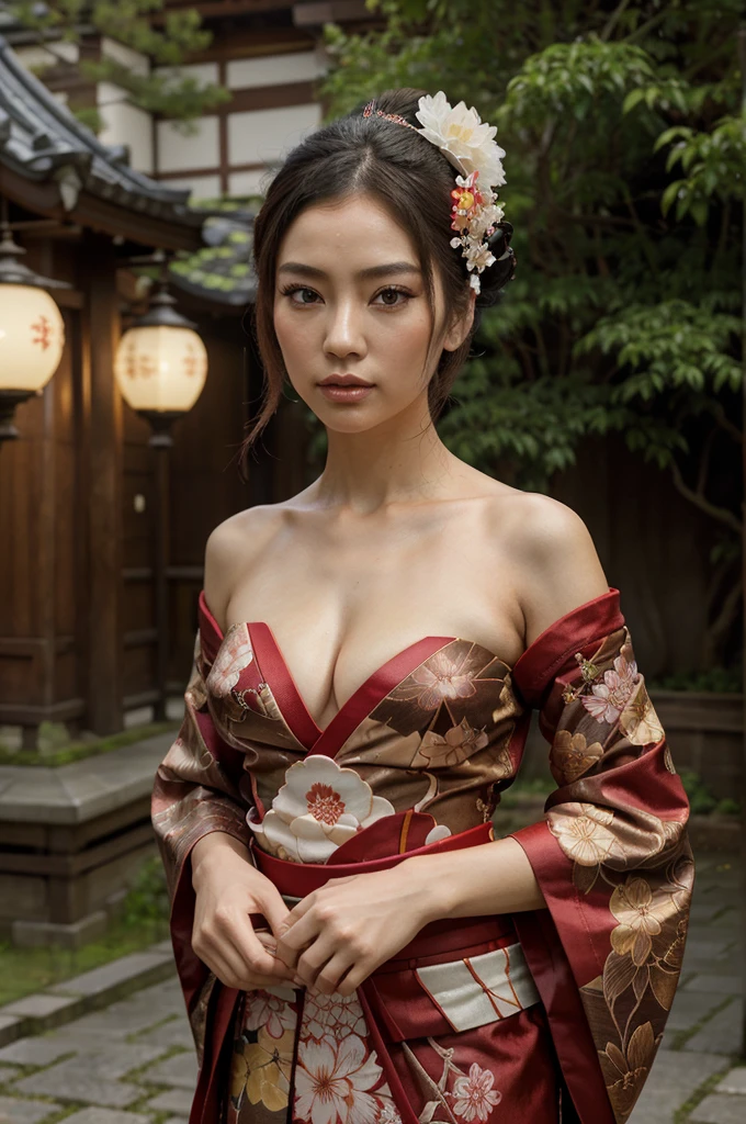 In a futuristic scene, Geisha in Japan with mechanical reinforcement、Elegant in elaborate gardens. She has beautifully detailed eyes and lips that complement her face. She also has tattoos on her face and neck.! Geisha wear traditional kimonos with intricate patterns and designs. Around her are bright cherry trees and a quiet carp pond. The scene is painted with a mixture of illustration and photorealism, Ultra-detailed brushstrokes and clarity, bright coloured. Lighting emphasizes the geisha's elegant features, Gives your porcelain skin a soft glow. The art is of the highest quality, 4K or 8K resolution, Show off the intricate details of the geisha costume, cherry trees, And the glistening scales of the carp. The general color scheme is、It is a combination of traditional shades from Japan, crimson, etc.., black, and subtle gold details, With a futuristic touch. The fusion of ancient traditions and modern technology is、Create captivating, visually stunning masterpieces.Shoulders are exposed, the chest is visible、You can see the valley、are visible、Shoulders exposed、Breast revealed