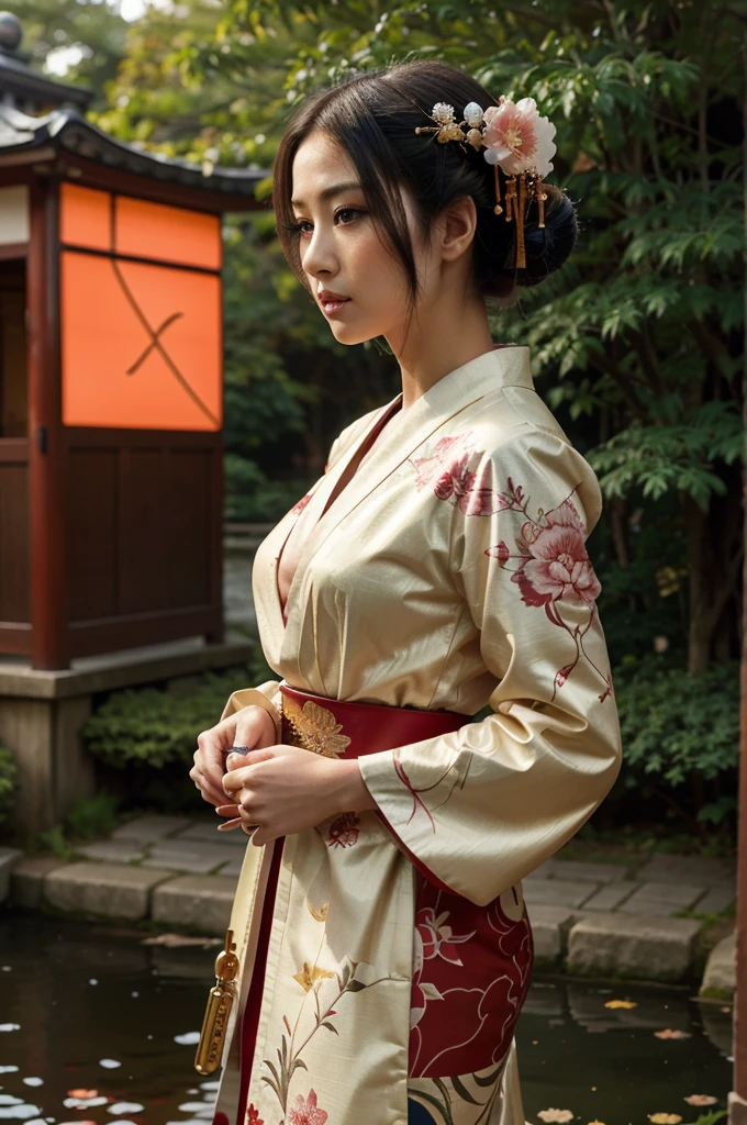 In a futuristic scene, Geisha in Japan with mechanical reinforcement、Elegant in elaborate gardens. She has beautifully detailed eyes and lips that complement her face. She also has tattoos on her face and neck.! Geisha wear traditional kimonos with intricate patterns and designs. Around her are bright cherry trees and a quiet carp pond. The scene is painted with a mixture of illustration and photorealism, Ultra-detailed brushstrokes and clarity, bright coloured. Lighting emphasizes the geisha's elegant features, Gives your porcelain skin a soft glow. The art is of the highest quality, 4K or 8K resolution, Show off the intricate details of the geisha costume, cherry trees, And the glistening scales of the carp. The general color scheme is、It is a combination of traditional shades from Japan, crimson, etc.., black, and subtle gold details, With a futuristic touch. The fusion of ancient traditions and modern technology is、Create captivating, visually stunning masterpieces.Shoulders are exposed, the chest is visible、You can see the valley、are visible、Shoulders exposed、Breast revealed