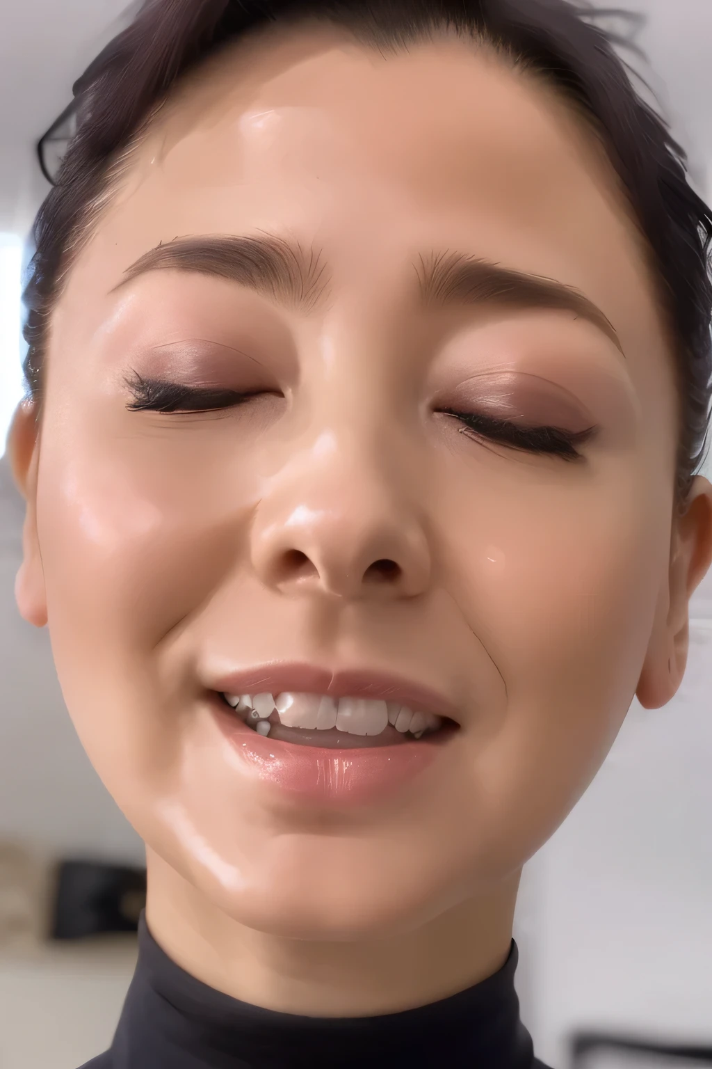One Girl,Flying debris,,Award-winning photo, Very detailed, Edge Orgasm,Face Focus, (Woman with open mouth and closed eyes ), 30 years old、Black Hair、Glowing Skin、Face close-up,From below、Realistic nostrils、Long and narrow nasal cavity,、Bedroom、(Lying in bed,Sleeping on your back)、Sleeping、((camisole))、Big Breasts、(Sharp Nose)Grimacing performance:1.4, concept,teeth,performance,facial performances,Grimacing,Lift your head((vaginale,sex,supright straddle,hug))