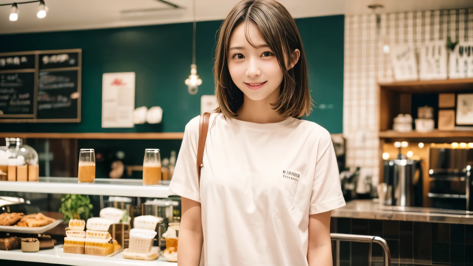super high quality, smile, Slenderのネックレス, Slender, Cafes in New York, The staff is working at the counter in the back., (8k、RAW Photos、Highest quality、masterpiece:1.2), Japanese Idol, The cafe is crowded with people enjoying themselves., (Realistic、Photorealistic:1.37), Urban Cafe, Golden Ratio, Raw photo, Light Brown Hair, Small breasts, Bright cafe interior, Blurred Background, Summer clothes, Photographed inside the cafe, Pretty face, Neat clothes, boyish, younger sister, Medium Short, high school girl, Stylish clothes, 16 years old,