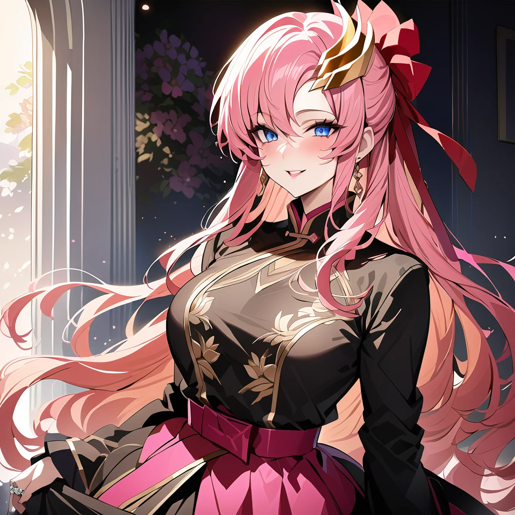 ((Highest quality)), ((masterpiece)), (detailed), （Perfect Face）、The woman is Lacus Clyne, with blue eyes, medium-long pink hair, a hair accessory, and an engagement ring. She is the beloved wife of Orpheus Ram Tao and the queen of the Foundation.、The woman is an evil queen wearing a black vintage Chinese dress with gorgeous gold embroidery and trim and lavish accessories.