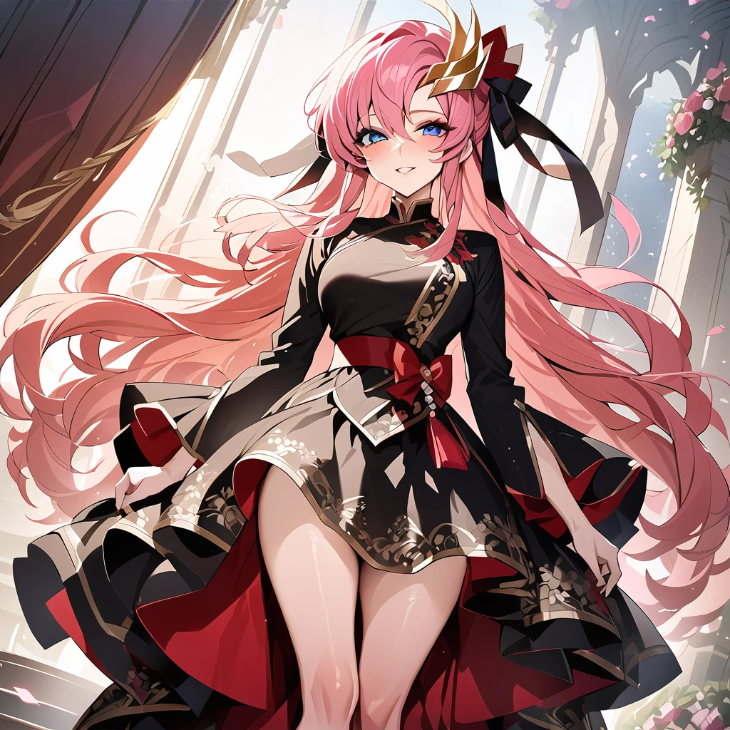 ((Highest quality)), ((masterpiece)), (detailed), （Perfect Face）、The woman is Lacus Clyne, with blue eyes, medium-long pink hair, a hair accessory, and an engagement ring. She is the beloved wife of Orpheus Ram Tao and the queen of the Foundation.、The woman is an evil queen wearing a black vintage dress with gorgeous gold embroidery and trim and lavish accessories.