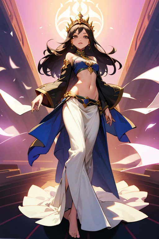 standing barefoot empress woman with a maxi full skirt and a long-sleeved crop top