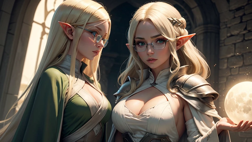 Blonde half-elf with green eyes and round glasses, make her a serious woman with white and gray battle robes that have things that resemble the moon