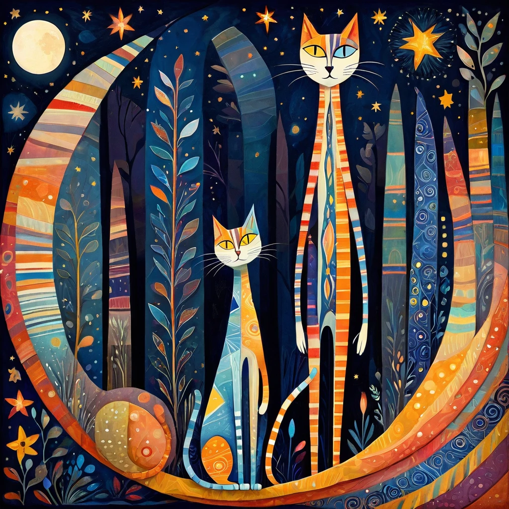 Stylized figures. A small woman walks her very tall, slender, very long-necked cat with colorful stripes in geometric patterns, oval head and large slit eyes and whiskers, very long, thin paws.  Starry night sky and moon. Cool and warm, muted colors. Detailed drawing, skillful use of chiaroscuro to render the three-dimensionality of the characters.