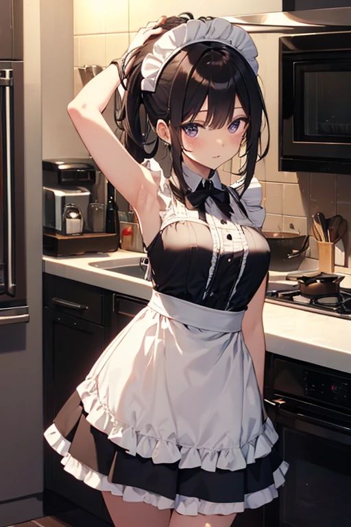 A maid, (in kitchen), various hair styles, night, details face, short skirt, seducing, sleeveless, maid uniform, armpits,