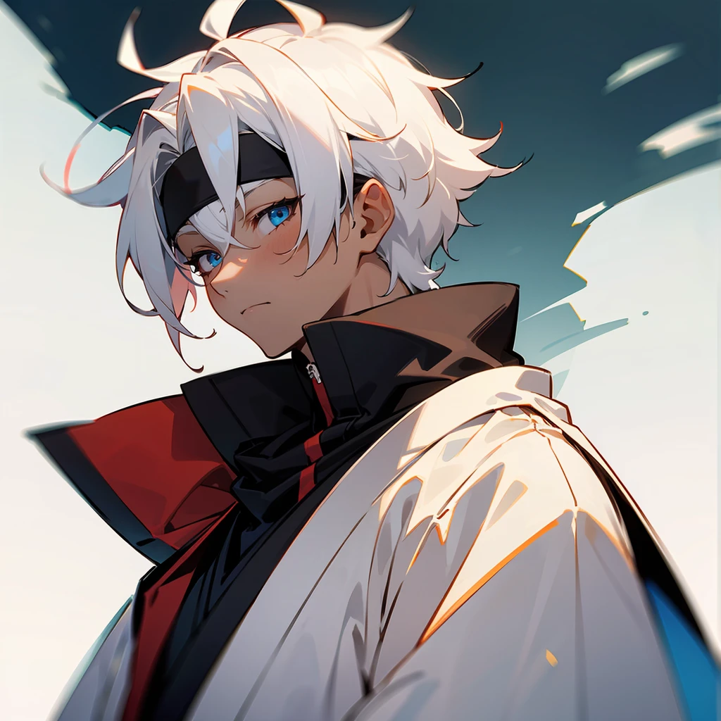1male, Undercut Hair , Shaggy White Hair , Pale Blue Eyes , Dark Skin , Black Headband , Red Scarf, White Ninja Clothing , Calm Expression 