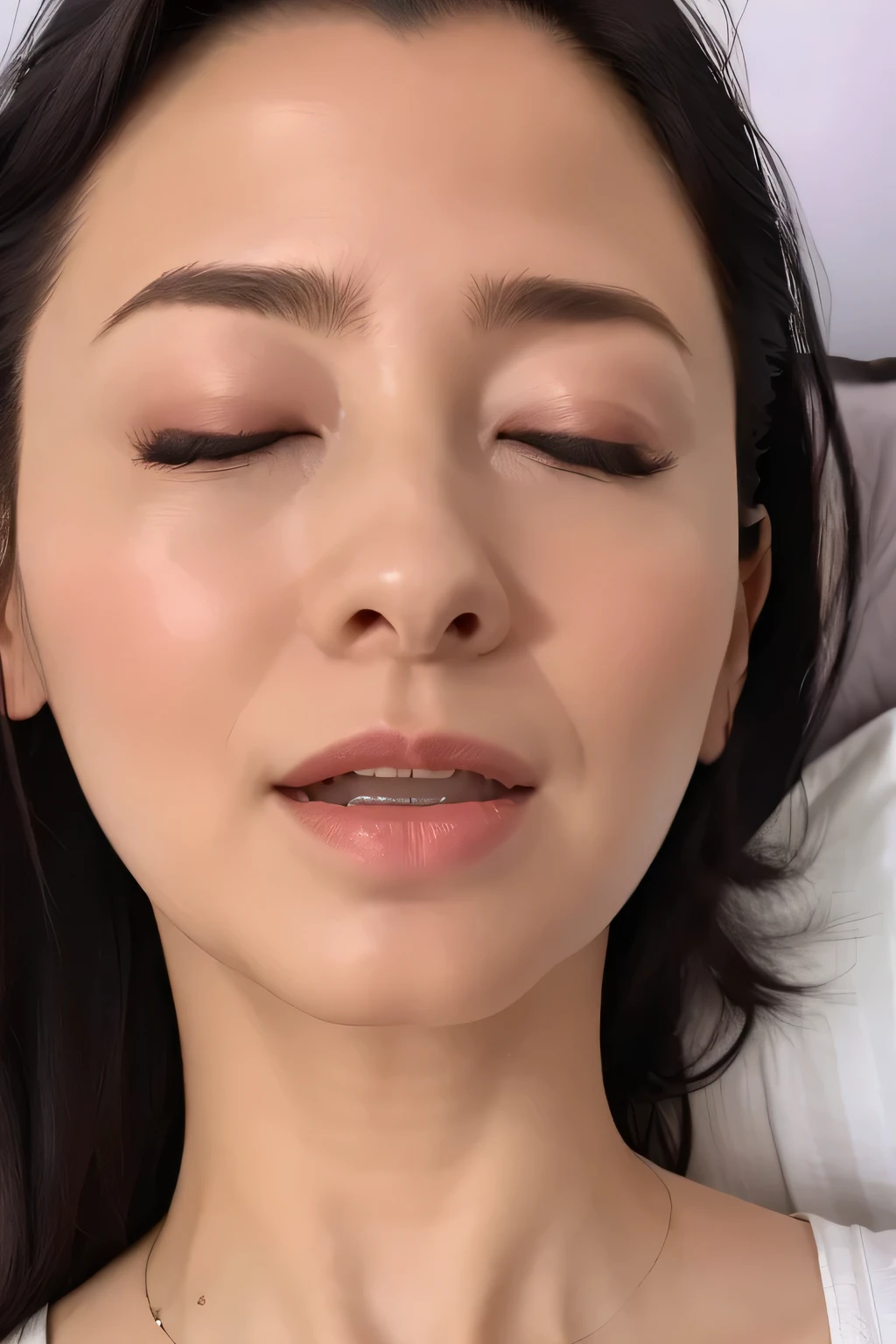One Girl,Flying debris,,Award-winning photo, Very detailed, Edge Orgasm,Face Focus, (Woman with open mouth and closed eyes ), 30 years old、Black Hair、Glowing Skin、Face close-up,From below、Realistic nostrils、Long and narrow nasal cavity,、Bedroom、(Lying in bed,Sleeping on your back)、Sleeping、((camisole))、Big Breasts、(Sharp Nose)Grimacing performance:1.4, concept,teeth,performance,facial performances,Grimacing,Lift your head((vaginale,sex,supright straddle,hug))