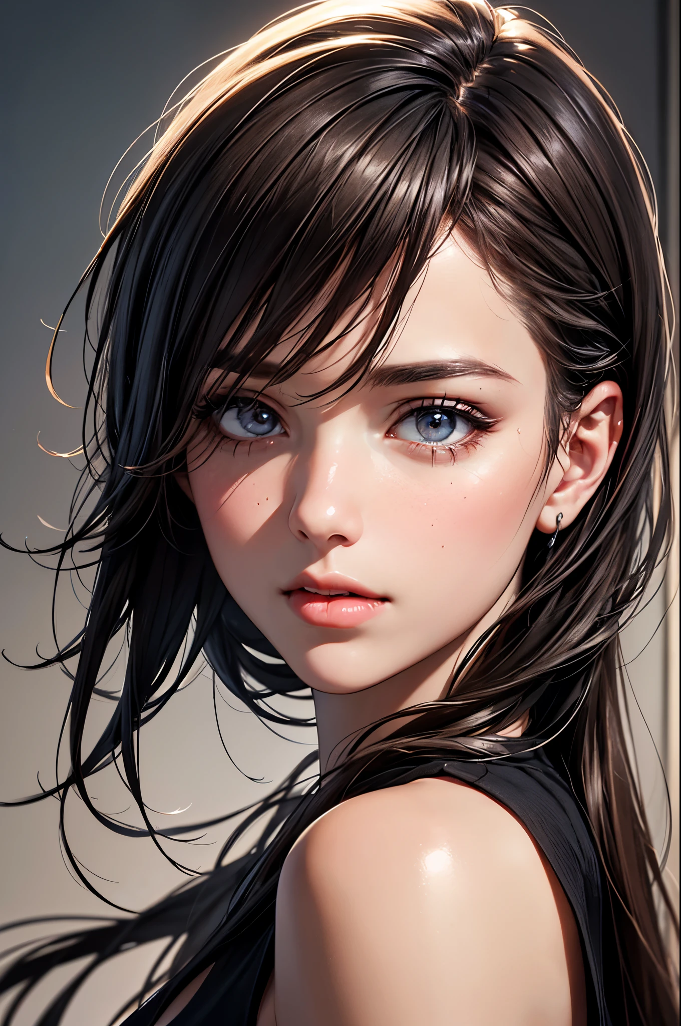 (8k, ultra high resolution, best masterpiece, Highest quality:1.2), Extremely detailed, thorough resolution, (realistic, realistic photo: 1.37), Portrait, Focus on eyes, high definition RAW photograph, professionally arrested, high definition and beautiful, UHD 8K Image photo, Volumetric Lighting, Soft Light, frank, Professional photography, highly detailed beautiful girl, Ultra detailed and delicate face, (Finely defined eyes), Extremely detailed eyes, Precise shape nose, expressive lips, fine texture skin, (HD skin:1.2), The fingers were neatly outlined, Every feature is meticulously displayed, one story, (20:1.2), Twenty generations, cute girl, Brown hair, Long straight hair, shiny amber eyes, Red lips, [[Cleavage]], perfect anatomy, HD background is not blurred, particle, realistic, Amazing details, 8k Ultra HD, high quality, CG unity, C4D render, 3D rendering