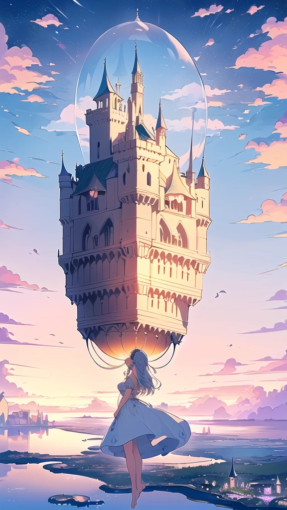 (Extremely detailed floating city:1.3), ((1 detailed mirage-castle floats above the clouds)and(Detailed floats minarets illusion, detailed floats belfry illusion)and(Highly transparent mirage)and(Detailed view of the base of the Mirage castle)),ultra-detailed,extremely detailed and beautiful, sky and white cloud and sunset glow background,ultra-detailed birds, (floating city in bloom, Floating petals, blooming gardens in the sky,  many vines on the wall:1.2)
Imagination, dream
/=
(1 girl inside of floating city:1.3), (solo), (Super wide Angle lens), (back), behind head, Holy Light, white dress, (full body), bare feet, (Backless dress), the girl away from camera