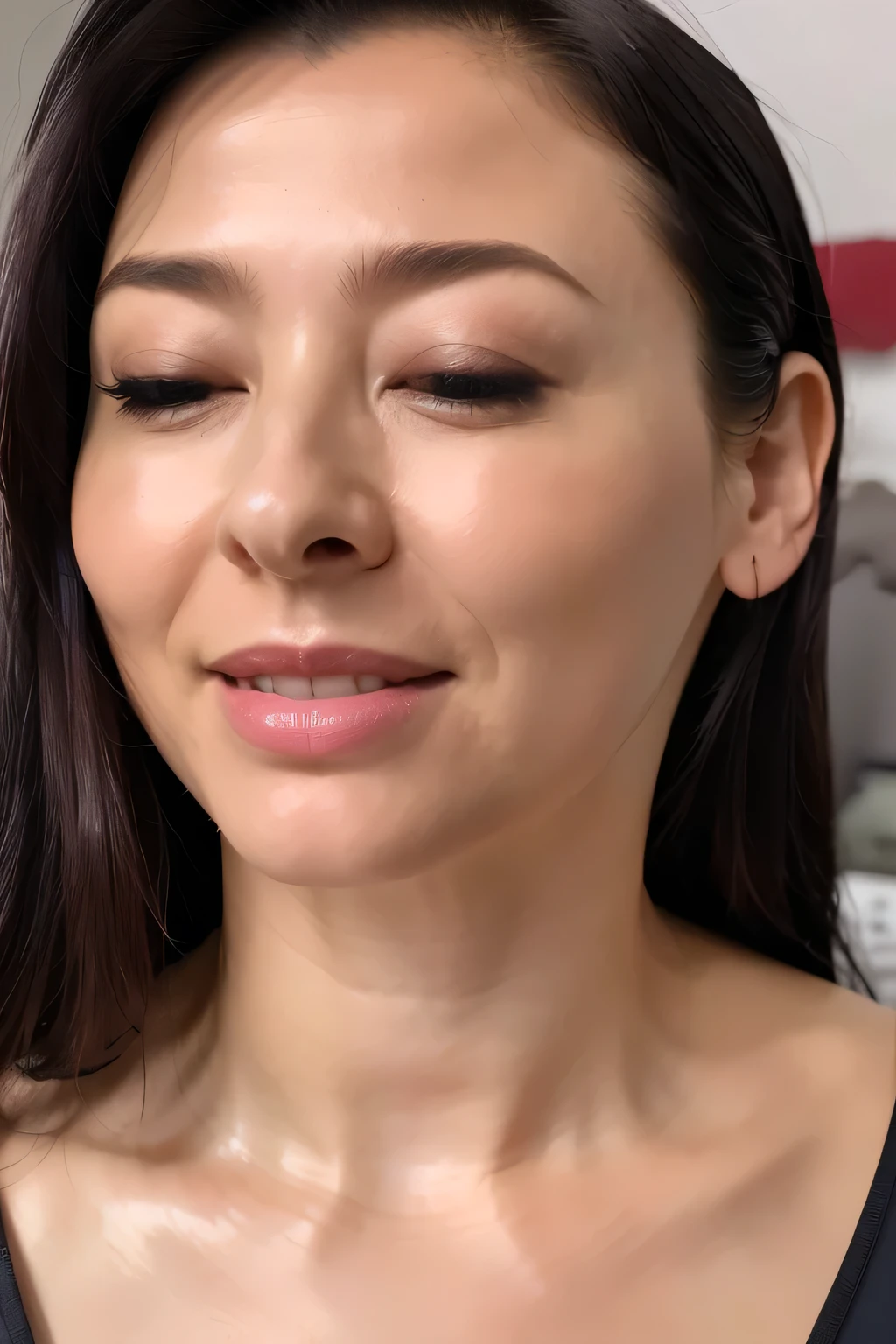 One Girl,Flying debris,,Award-winning photo, Very detailed, Edge Orgasm,Face Focus, (Woman with open mouth and closed eyes ), 30 years old、Black Hair、Glowing Skin、Face close-up,From below、Realistic nostrils、Long and narrow nasal cavity,、Bedroom、(Lying in bed,Sleeping on your back)、Sleeping、((camisole))、Big Breasts、(Sharp Nose)Grimacing performance:1.4, concept,teeth,performance,facial performances,Grimacing,Lift your head((vaginale,sex,supright straddle,hug))