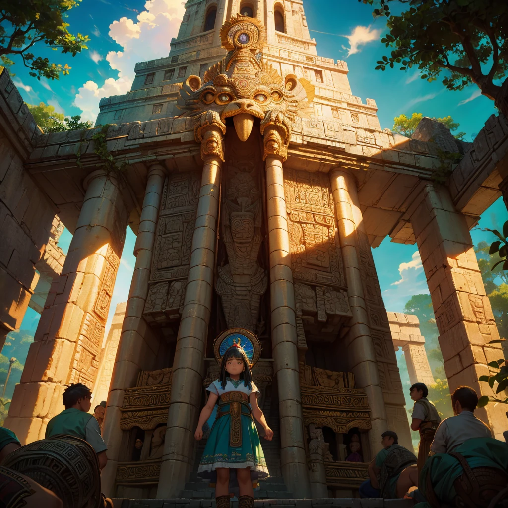 Childish, high quality、Very detailed、8Year、Mayan Aztec young priestess、Flying Feathered Serpent(Quetzalcoatl Kukulkan)Looking up at the sky and offering prayers、Chichen Itza Temple of the Sun in the Forest、mysterious、