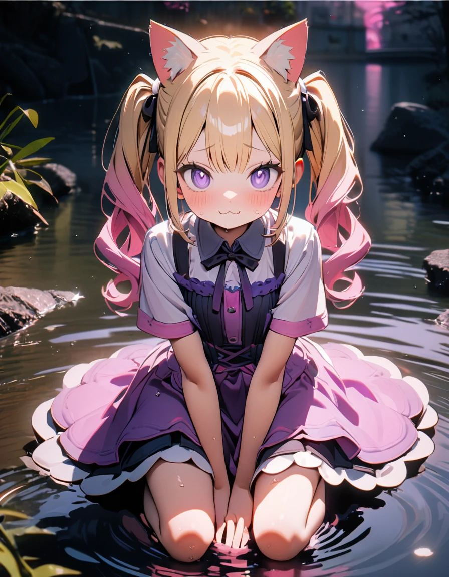 (8K, best quality, master piece: 1.2),super high resolution,1 girl,solo,,ultra-detailed face,detailed eyes,blonde hair,Long twin tails,pink gradient hair,Pink to purple color Gradientlayered dress,pink Cat ears,pink Cat tail,> < ,:3,full body,Barefoot,kneeling,rim light,Playing in water,River