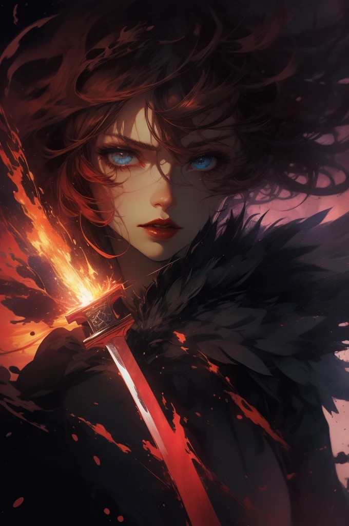 A woman with red hair, black eyes, pink lipstick, tan skin, holding a bloodstained sword, dramatic lighting, dark fantasy style, cinematic composition, highly detailed, photorealistic, 8k, ultra-detailed, masterpiece, dramatic contrast, dark moody colors, dramatic shadows and highlights, dramatic atmosphere, dark and gritty, intense gaze, powerful pose, epic fantasy scene