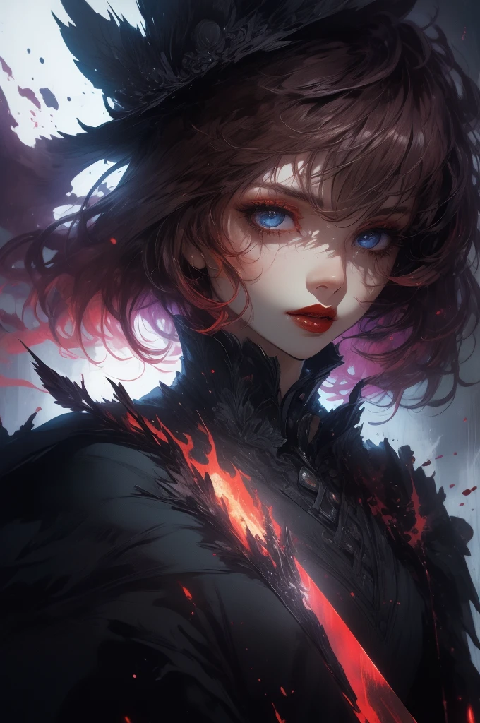 A woman with red hair, black eyes, pink lipstick, tan skin, holding a bloodstained sword, dramatic lighting, dark fantasy style, cinematic composition, highly detailed, photorealistic, 8k, ultra-detailed, masterpiece, dramatic contrast, dark moody colors, dramatic shadows and highlights, dramatic atmosphere, dark and gritty, intense gaze, powerful pose, epic fantasy scene