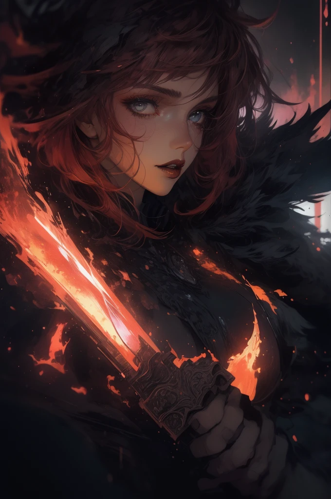 A woman with red hair, black eyes, pink lipstick, tan skin, holding a bloodstained sword, dramatic lighting, dark fantasy style, cinematic composition, highly detailed, photorealistic, 8k, ultra-detailed, masterpiece, dramatic contrast, dark moody colors, dramatic shadows and highlights, dramatic atmosphere, dark and gritty, intense gaze, powerful pose, epic fantasy scene