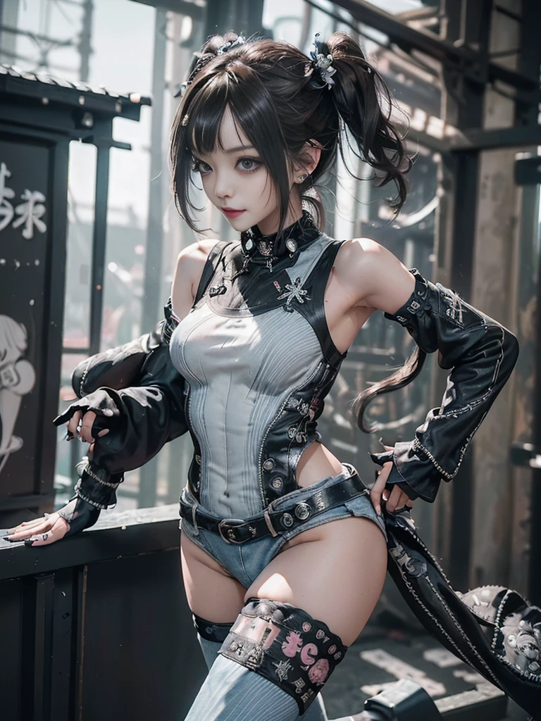 (Full body view:1.4)、(Full Body View:1.2)、(Smiling with teeth showing:1.3),(Shibuya Gal:1.5)、(Gothic Lolita style fashion:1.5)、(Punk RockVisual Kei:1.5)、(Wearing a rhythmic gymnastics bodysuit with intricate details:1.4)、(Racing suit and pants with delicate decorations in white, denim and charcoal:1.5)、(Denim and light blue and white boots:1.3)、((belt))、(Numerous delicate logo marks all over the costume:1.4)、(collar:1.3)、(Striped underwear:1.5)、20-year-old、NSFW、((Highest quality、In 8K、masterpiece:1.3))、Sharp focus:1.2、(Layered Cut、Huge boobs:1.1),Beautiful woman with perfect figure:1.4、(Dancing vigorously:1.3)、Slender Abs:1.2、Highly detailed face and skin texture、Detailed eyes、double eyelid,(Twin tails:1.3)、(Brown Hair:1.3)、Gravure idol、(The background is the stage of the fashion show:1.3)、(Slim Body:1.3),(Make your legs thinner:1.4),(clavicle:1.1)、(Thin and slim thighs:1.3)
