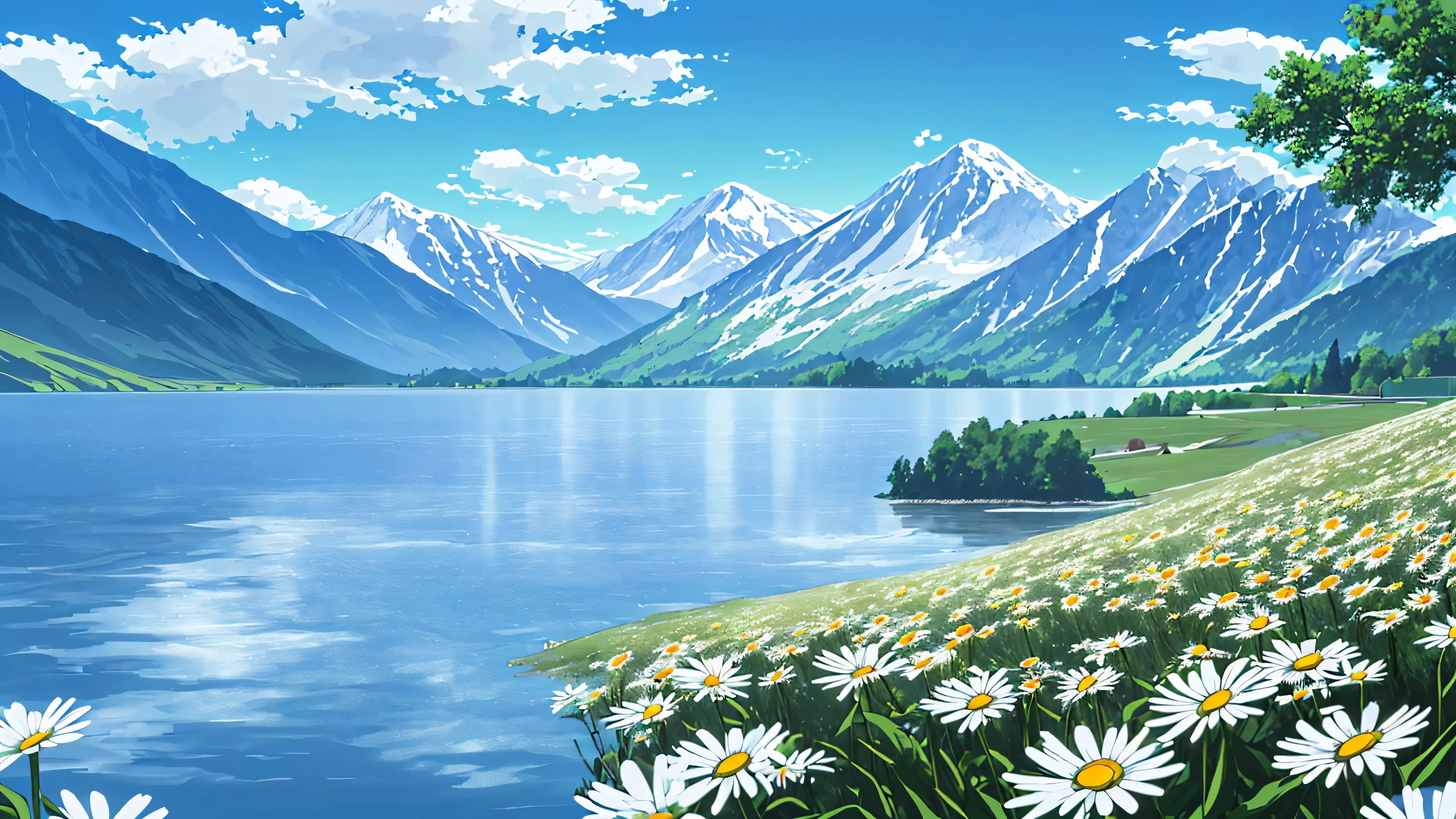 daisy,Lakeside,Mountains in the distance,Blue sky and white clouds,beautiful scenery