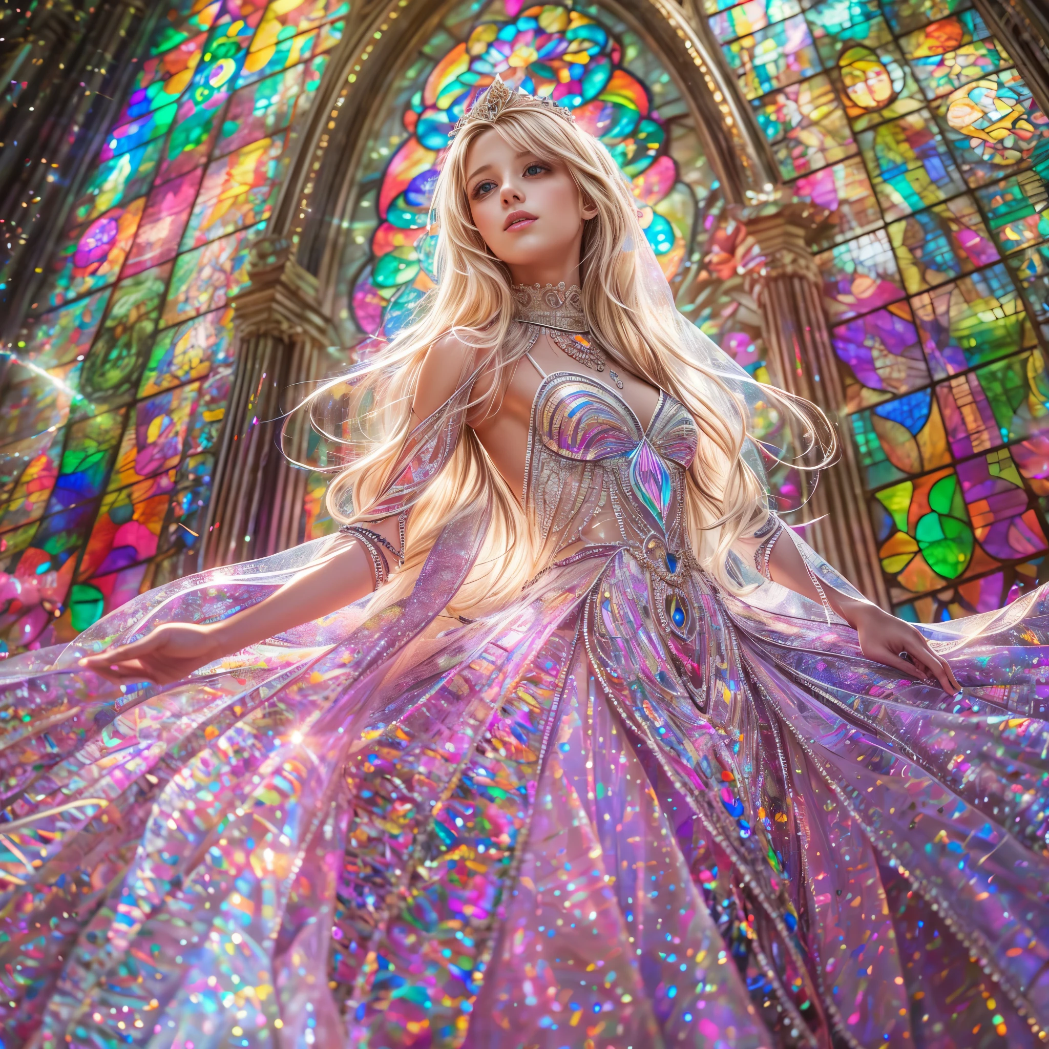  (Cathedral from below:1.28) (ZoomLayer) ((TopQuality 8K masterpiece of (Professional photo:1.37)), (((Clarisse de Cagliostro))) (Detailed White WeddingDresses), Chain, (((Extremely detailed KAWAII face))) {((VeiledFace))|BlondeHair|(Elaborate BuleEyes)with(SparklingHighlights:1.28)}, The background is distant (((Elaborate stained glass))) Rainbow Glass, {(MysticSight)|EnchantingAtmosphere|Haze|(GodRays)|TyndallEffect}, Radiant PearlSkin with Transparency, (Exposed:0.39)