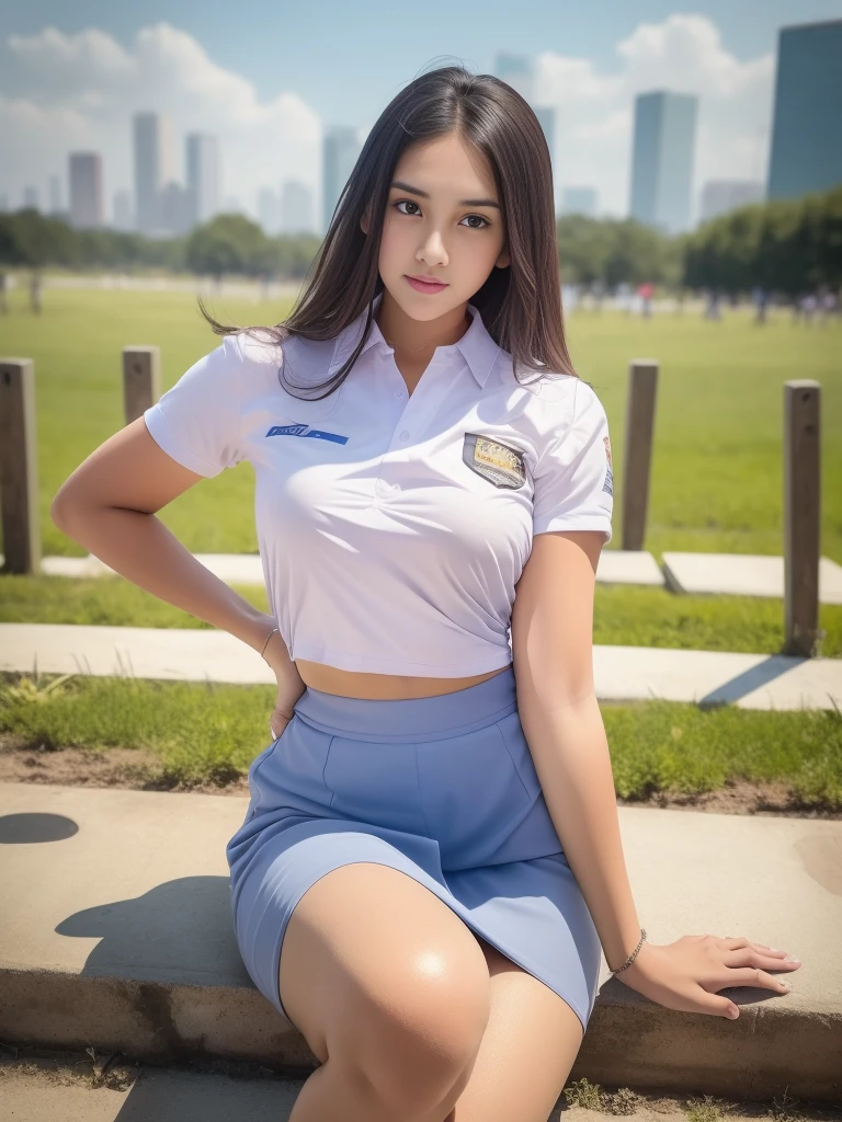 1girl, solo, (uniform), detailed Metropolitan city at the background, above head, thick breasts, Sixpack abs, smooth realistic skin, tight white shirt, grey blue short skirt, looking at the audience, high angle shot,(8k, RAW photo, best quality, masterpiece: 1.3), (realistic, realistic: 1.37), ultra-high resolution, cowboy shot