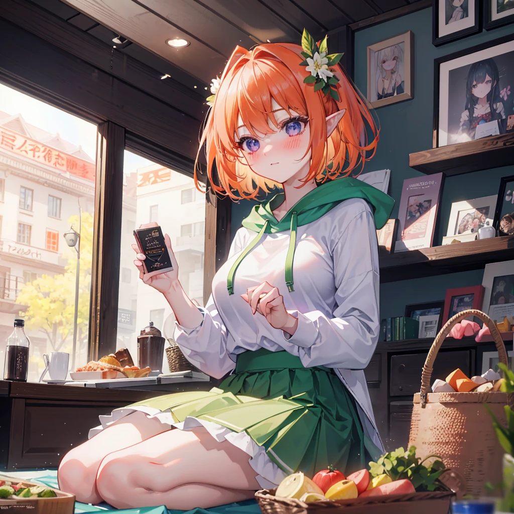 Table Party, (Remember,Food on the table:1.3),(picnic:1.3),Basket on the table, Elf Ears, Highest quality,Best image quality,Perfect Anatomy,masterpiece,Very detailedな,beautiful,super high quality, Highest quality,High resolution, Very detailed,Game CG,Dutch Angle ,beautiful細部までこだわった目,Visual Arts,Five Fingers, Perfect hands,Hide your hands, {{{One Girl}}}, beautiful詳細な女の子, Game CG, Spring flower, One curl on the outside, Short Bob Hair, Pastel orange hair, Purple eyes,Stylish accessories solo, Breast augmentation, Medium Shot, woman, Take-out, Laughter, Huge ,,Pastel green checkered mini skirt,Black Knee High, {{{{{Wearing a pastel green hoodie}}}}},Open your mouth, wonderful, beautiful細部までこだわった目, Highest quality, Very delicate,Masseter region,Highest quality,(Official Art、Highest quality、unity 8k wallpaper、32K、masterpiece、Very detailedな、超High resolution、Realistic、Realistic:1.2)、(Cinema Lighting:1.2)、Fire glow effect、The most grainy shadows on the film、Side light、Side Shot、(Very detailedなで複雑な3Dレンダリング)、Atelier Series,