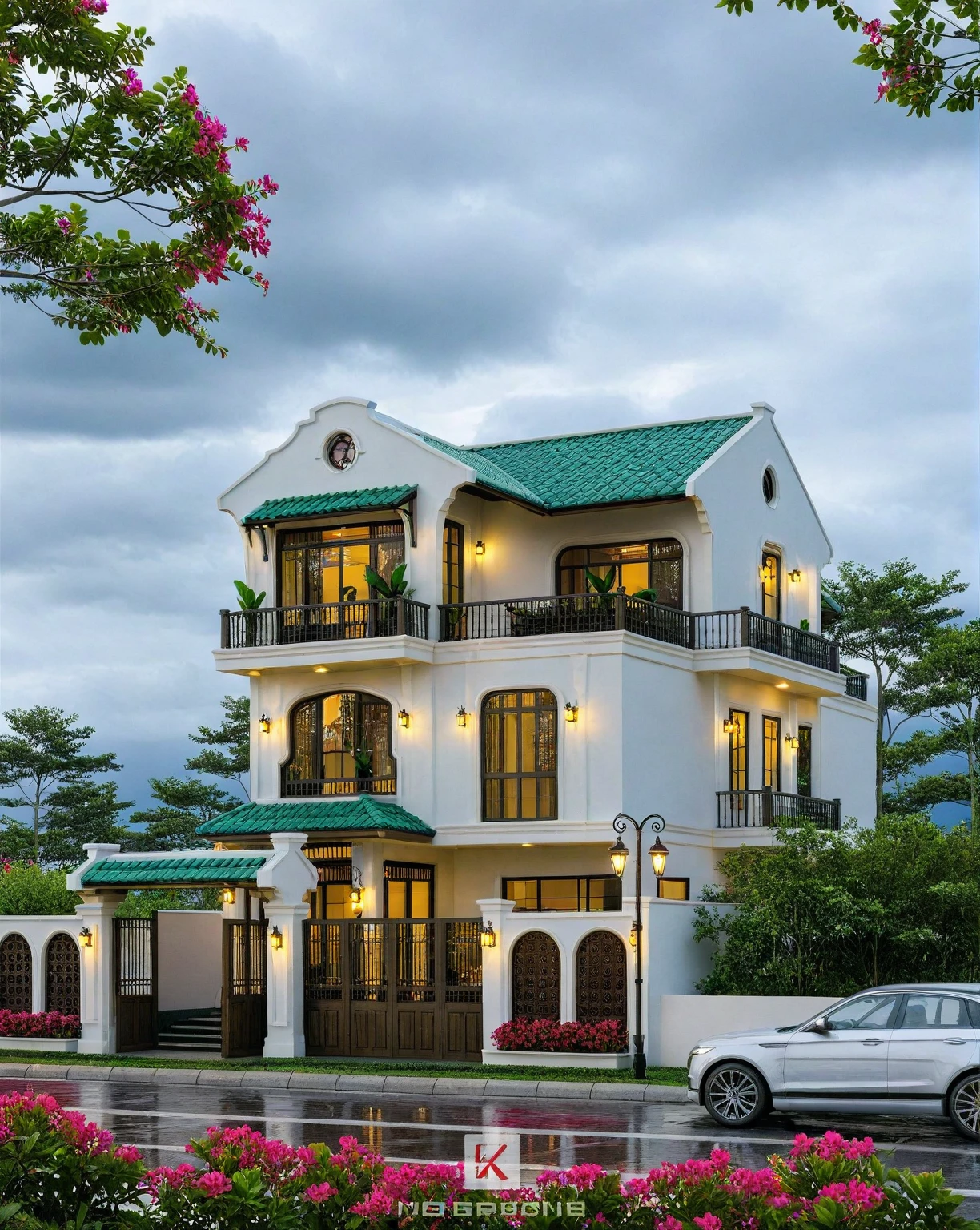 Raw photo,Masterpiece, high quality, best quality, authentic, super detail, exterior, outdoors, house style indochine, Many bougainvilleas along the road ,aiaigroup road,pavement, grass, trees, sky, cloud, (day:1.1), vivid colour ((green tile roof:1.3))