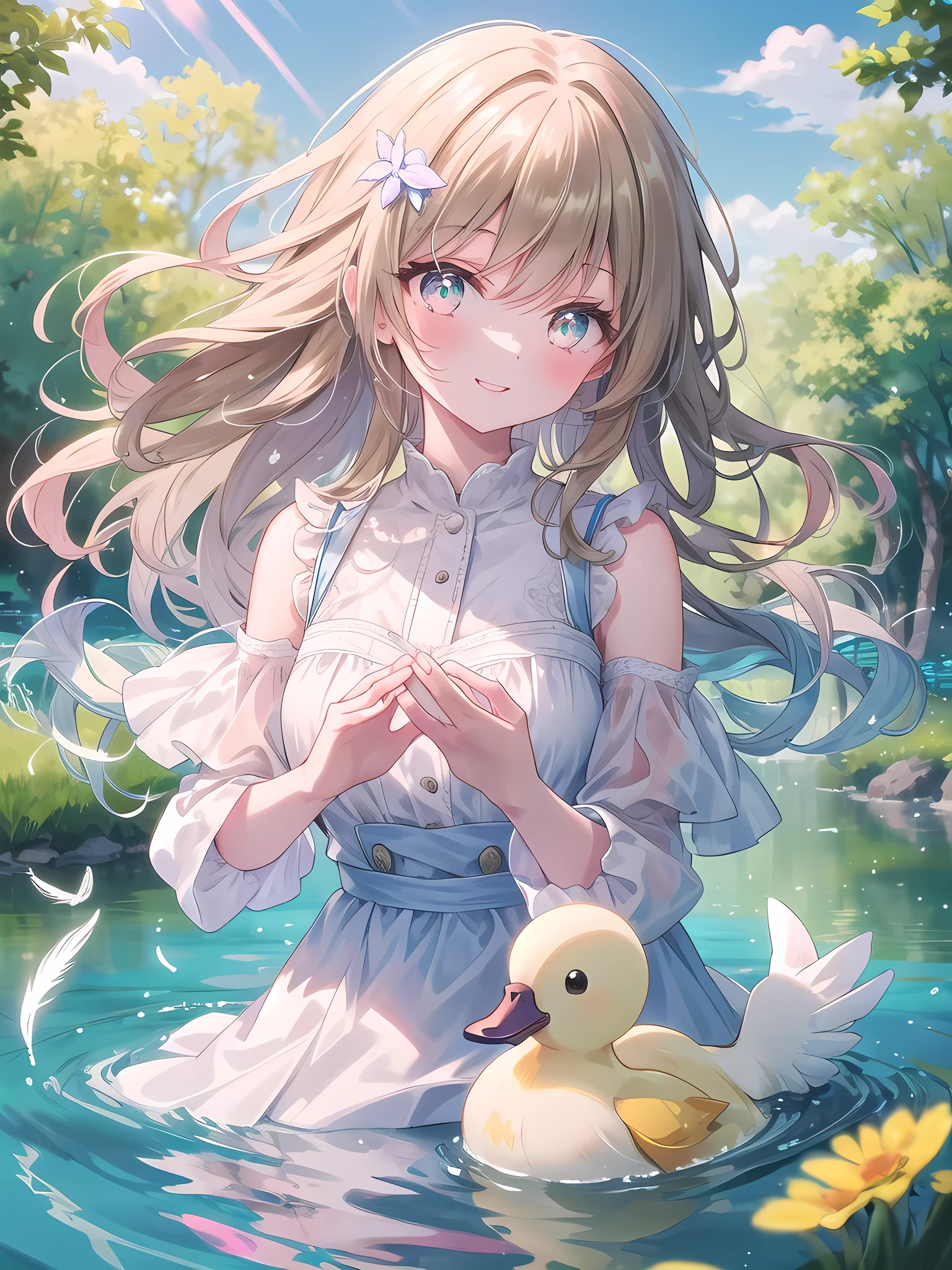 ((8k, best quality, master piece: 1.3)),super high resolution,(1 girl, solo), (colorshift eyes, hyperdetailed, expressive sparkling, glitter, glowing eyes), ultra detailed eyes, ultra-detailed face, random hair, ((pastel color)),A girl interacting with animals. The background is a quiet lakeside, with the clear water gently rippling. The girl is wearing a light blue dress, made of light chiffon material, fluttering in the wind. The angle of the shot is set to a bust shot so that her expression can be seen clearly. A gentle smile spreads across the girl's face, and her large eyes sparkle with kindness. Her skin is soft, and her cheeks are tinted a healthy pink. Her hair is shoulder-length wavy, and is depicted as naturally swaying in the wind. Her hair is light brown, and it shines in the reflected light of the lake's surface.
She is gently stroking a small duck, which is snuggling comfortably in the girl's hand. The duck's feathers are fluffy, with yellow and white patterns drawn in detail. The whole scene is enveloped in a gentle light, emphasizing the girl's smile and the duck's cute appearance. In the background, the lake and blue sky spread out, and the trees reflected on the lake's surface are depicted, giving a sense of the joy of interacting with nature and animals.The softness of the girl's clothes, the texture of the duck's feathers, and the way the light hits them are all depicted in detail. The gentle light of the lakeside brings out the girl's smile, and the overall atmosphere is quiet and comfortable. Her gentle smile and the stroking movements of her hands convey the joy of interacting with animals.A stunning scene with a vibrant rainbow lens flare effect. The light source is positioned behind the main subject, creating a spectrum of colors that spread across the image. The light reflects off various surfaces, adding a magical and dreamy quality to the scene. The background is slightly blurred to emphasize the glowing and shimmering effect of the lens